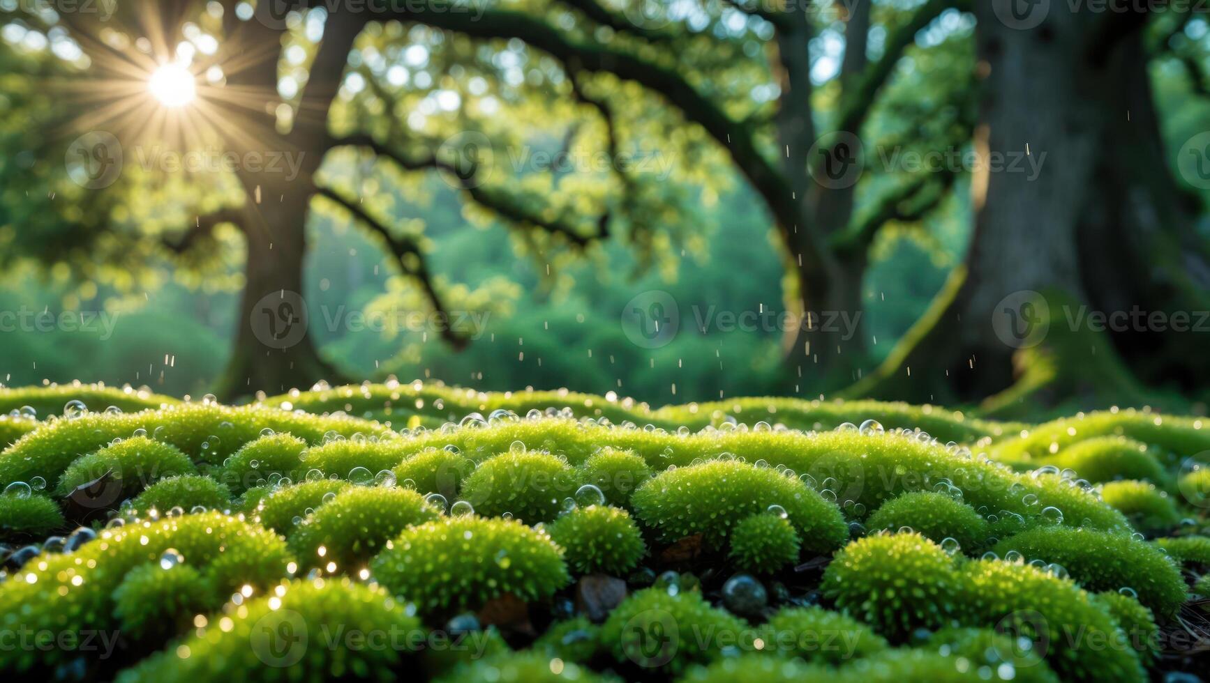Lush Green Moss Covered in Water Droplets with Sunlight Streaming Through photo