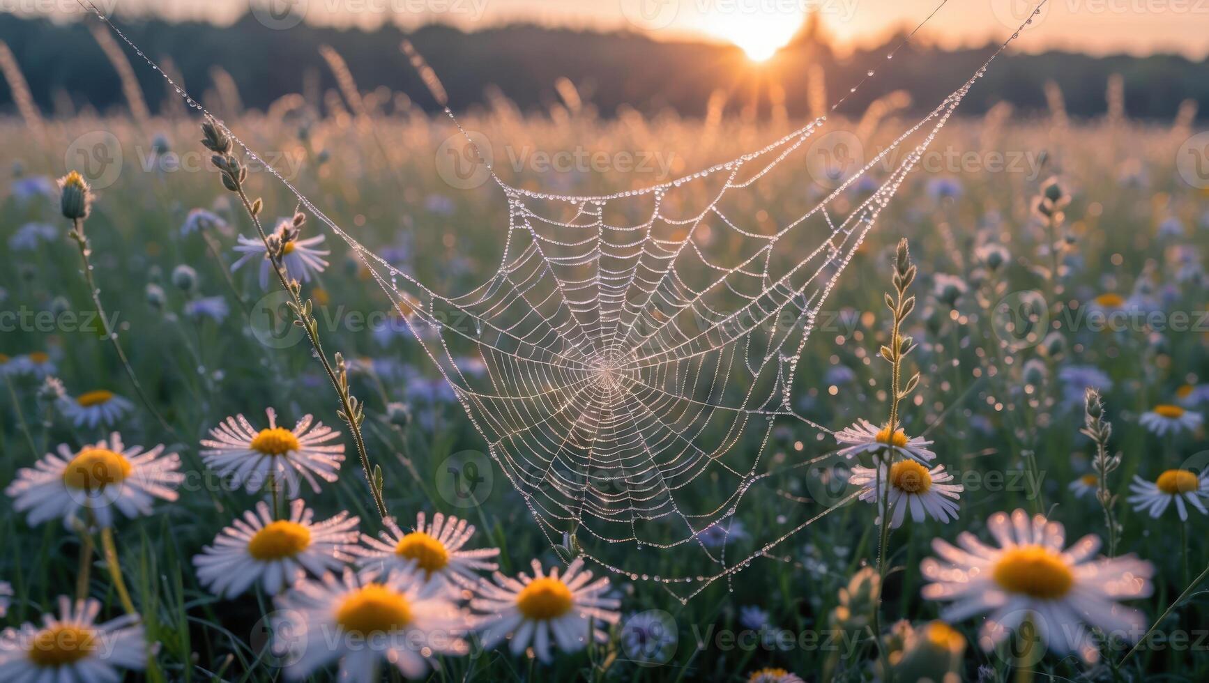 Spiderweb with Dew Drops in a Flower Field at Sunrise photo