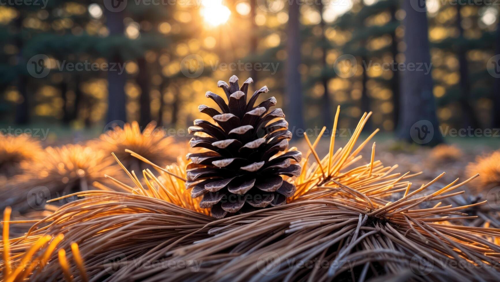 Pine Cone in Forest Sunlight on Needles Ground Covering photo