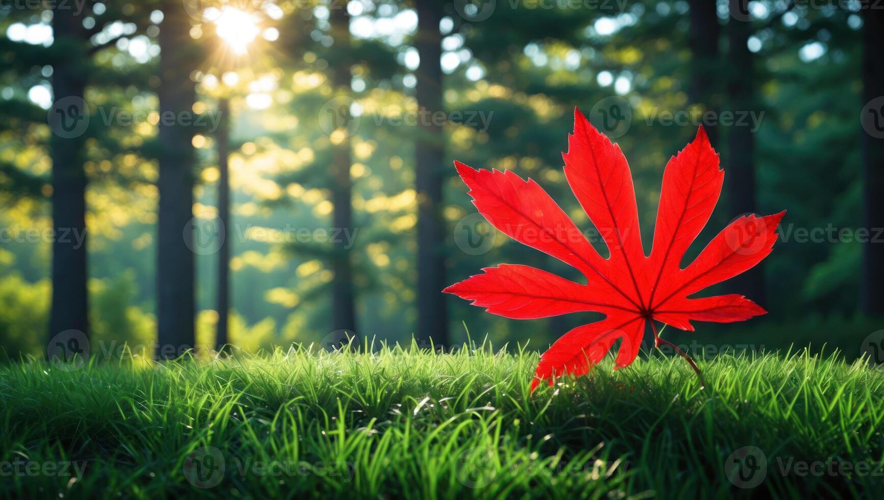 Bright Red Leaf on Grass in Forest with Sunlight Streaming Through photo