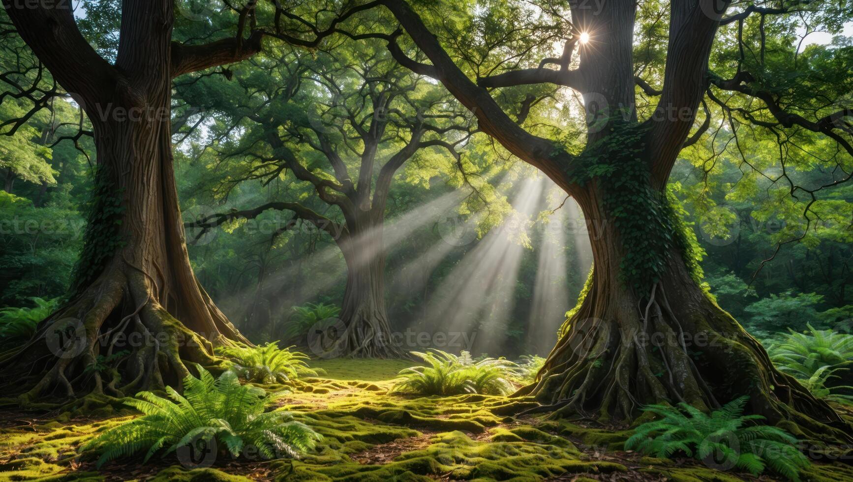 Sun Rays Streaming Through Forest Trees with Mossy Ground Cover photo