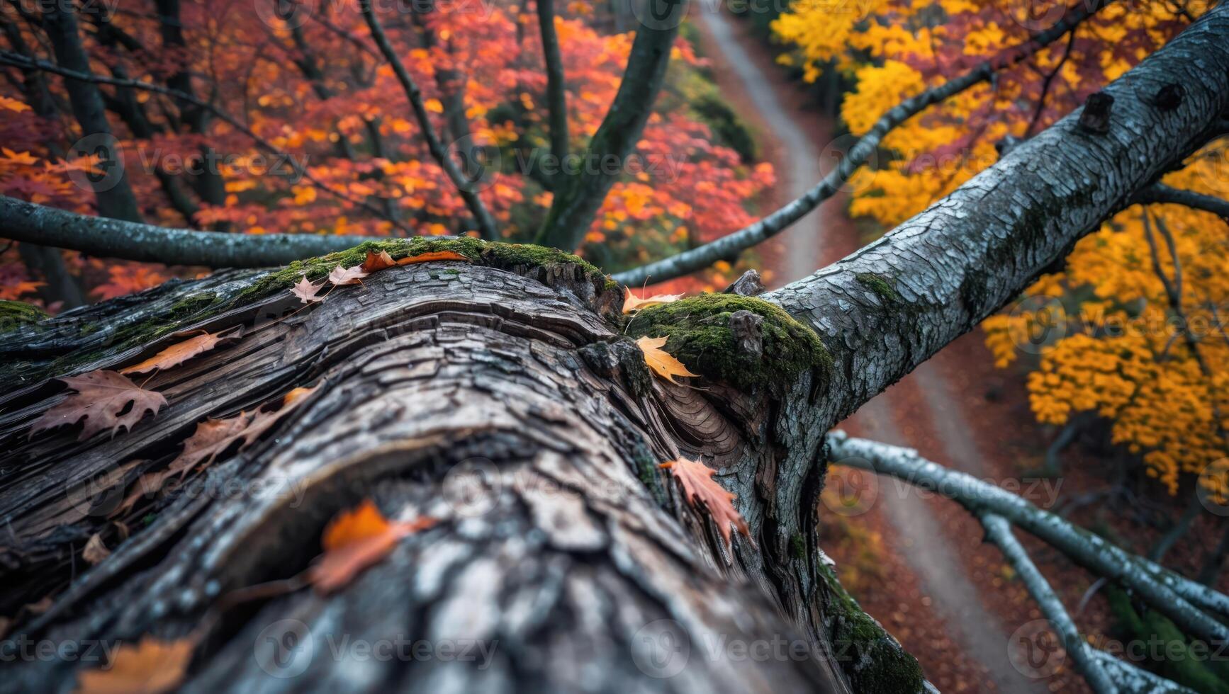 Fallen Tree Trunk with Autumn Leaves in Colorful Forest Scene photo