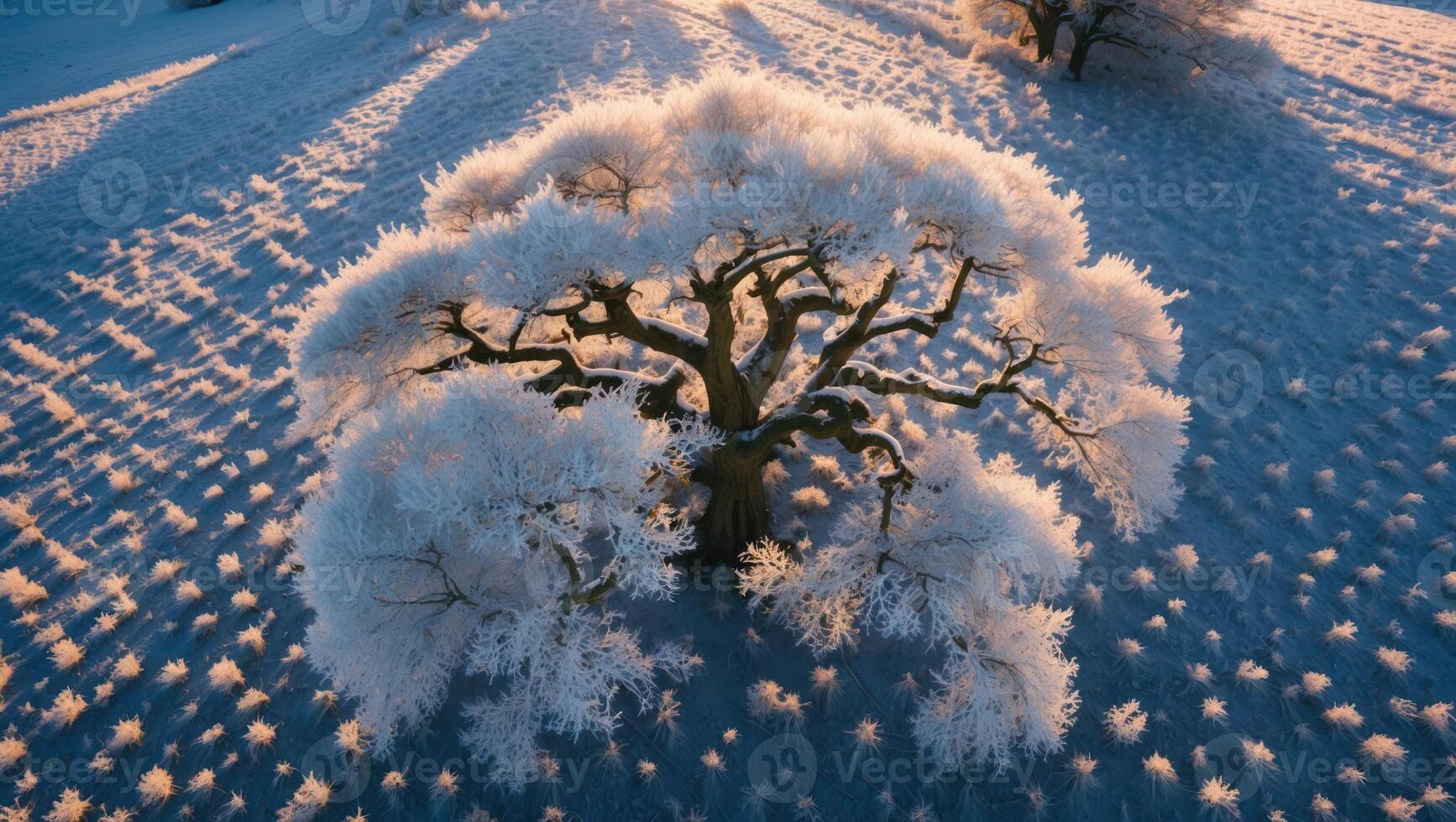 Snow Covered Tree Stands in Winter Field at Golden Hour photo