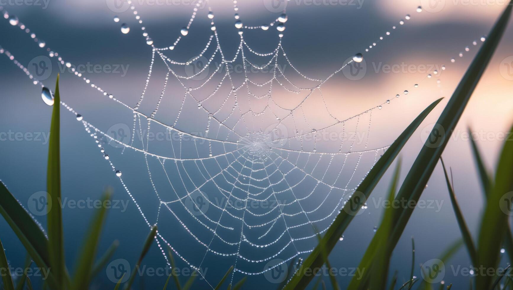 Spiderweb Covered in Dew Drops Among Green Grass at Dawn photo