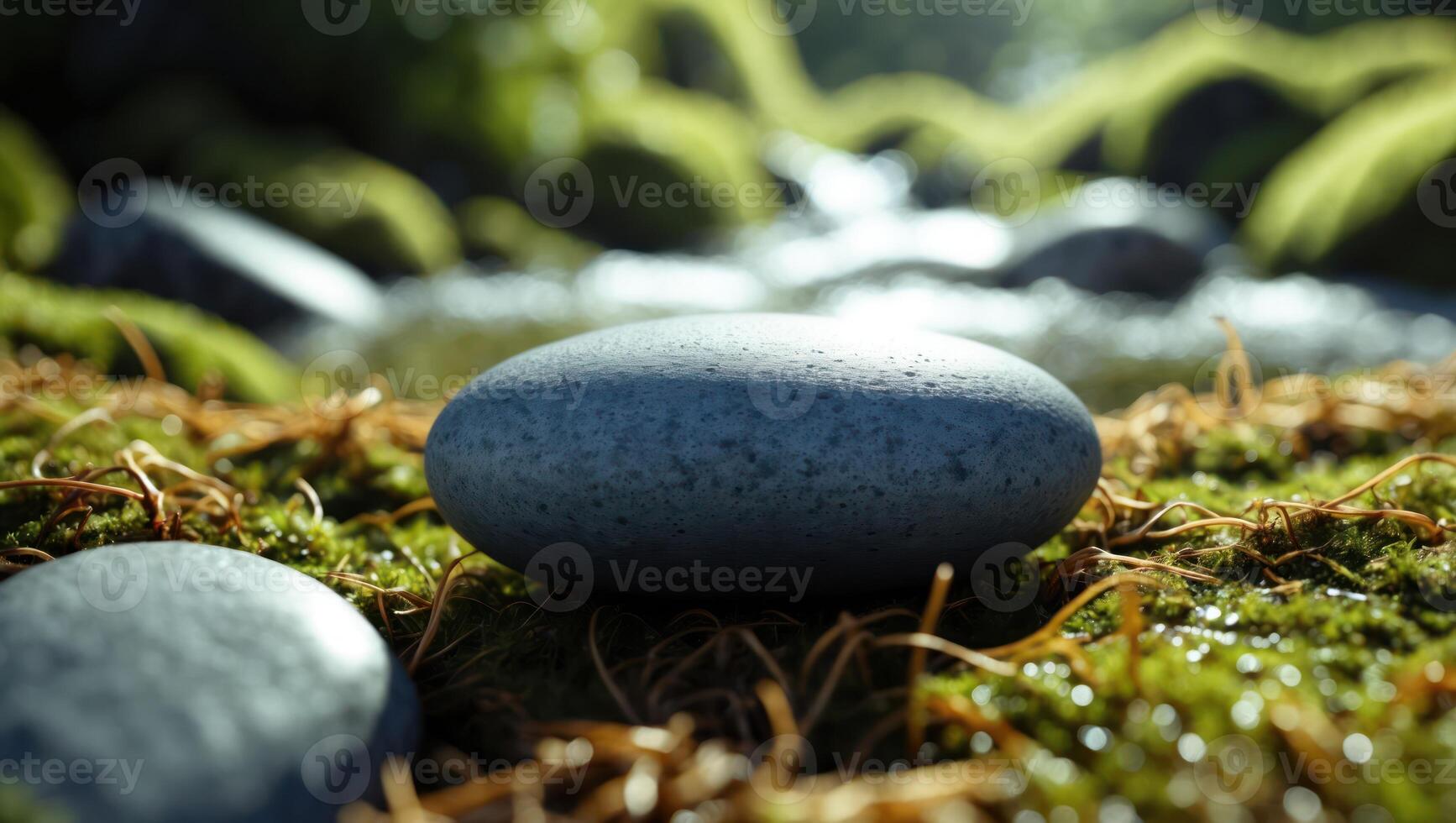 Smooth River Stones on Moss by Stream in a Peaceful Setting photo