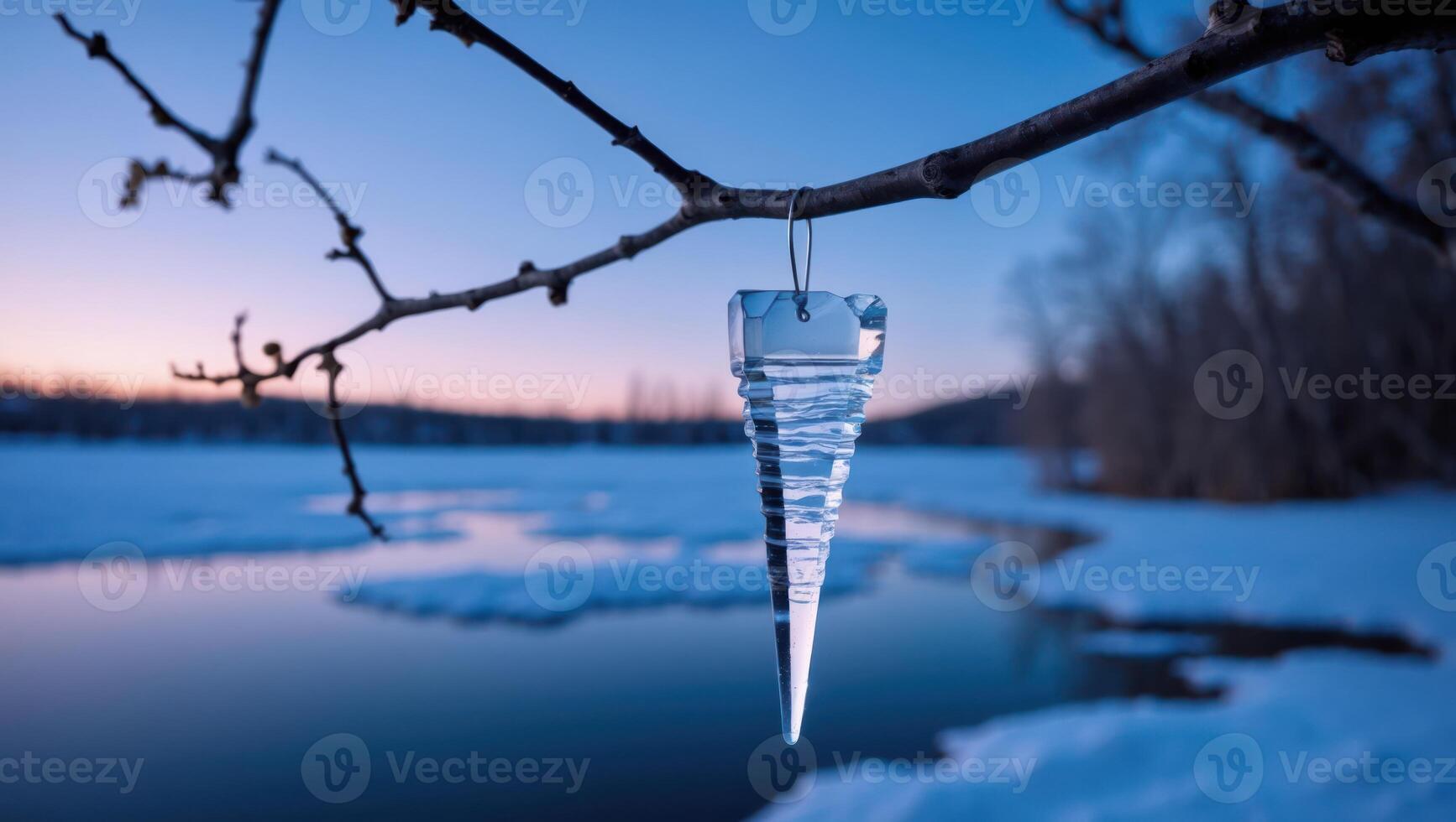 Hanging Clear Icicle Ornament on Branch with Winter Landscape Background photo