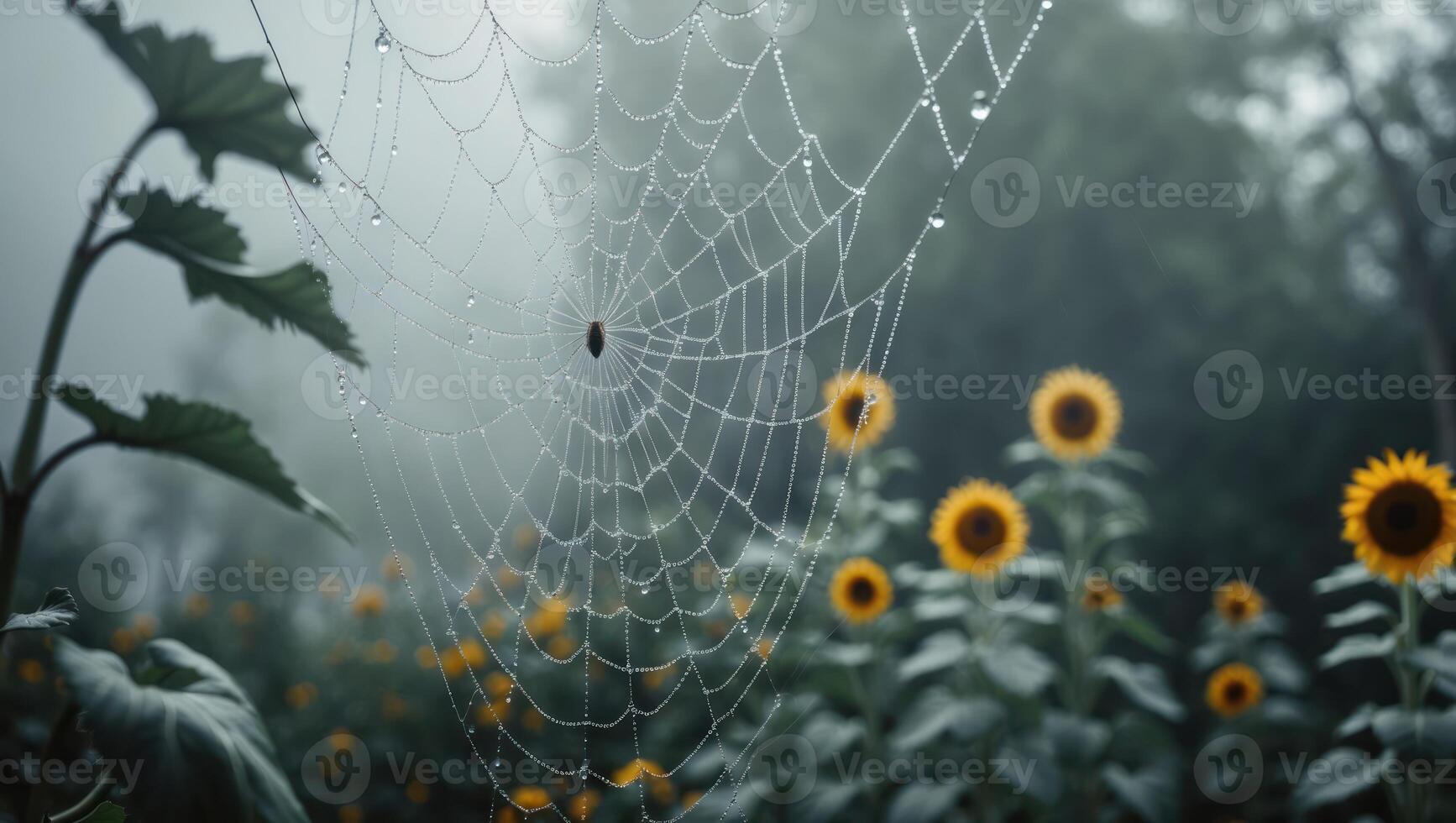 Spiderweb Covered with Dew Drops Hanging with Sunflowers in Background photo