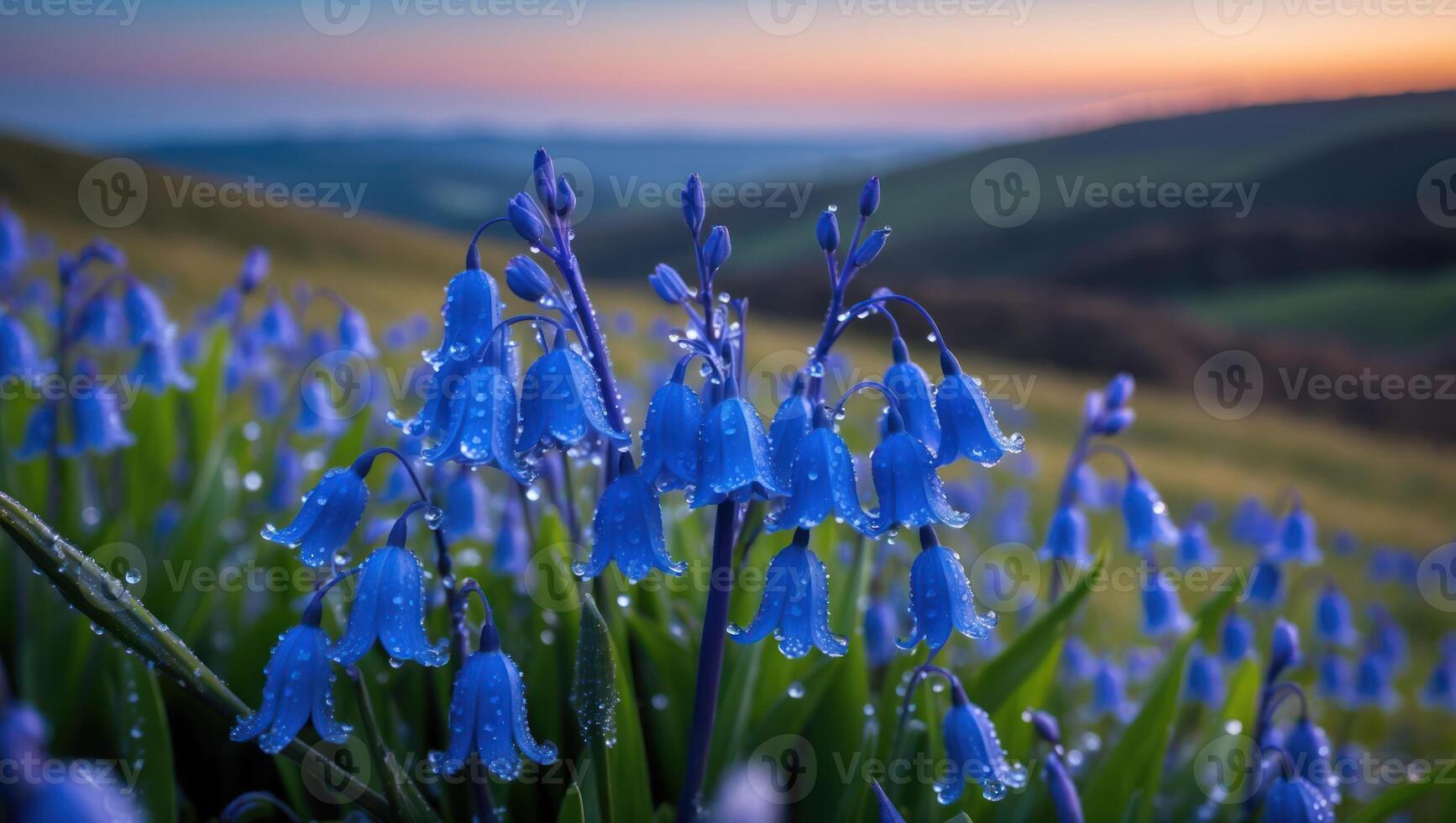 Bluebell Flowers Blooming on Hillside at Sunset with Water Droplets photo