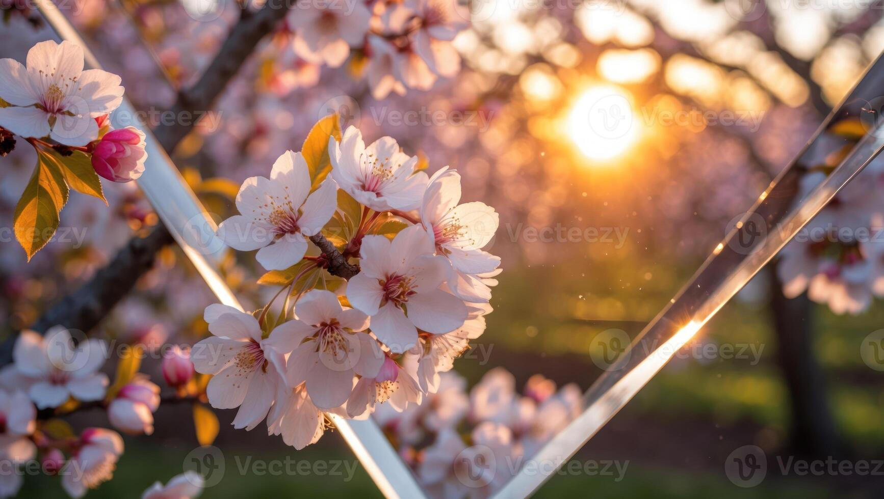Blooming Cherry Blossom Branch Against Golden Sunset with Reflector photo