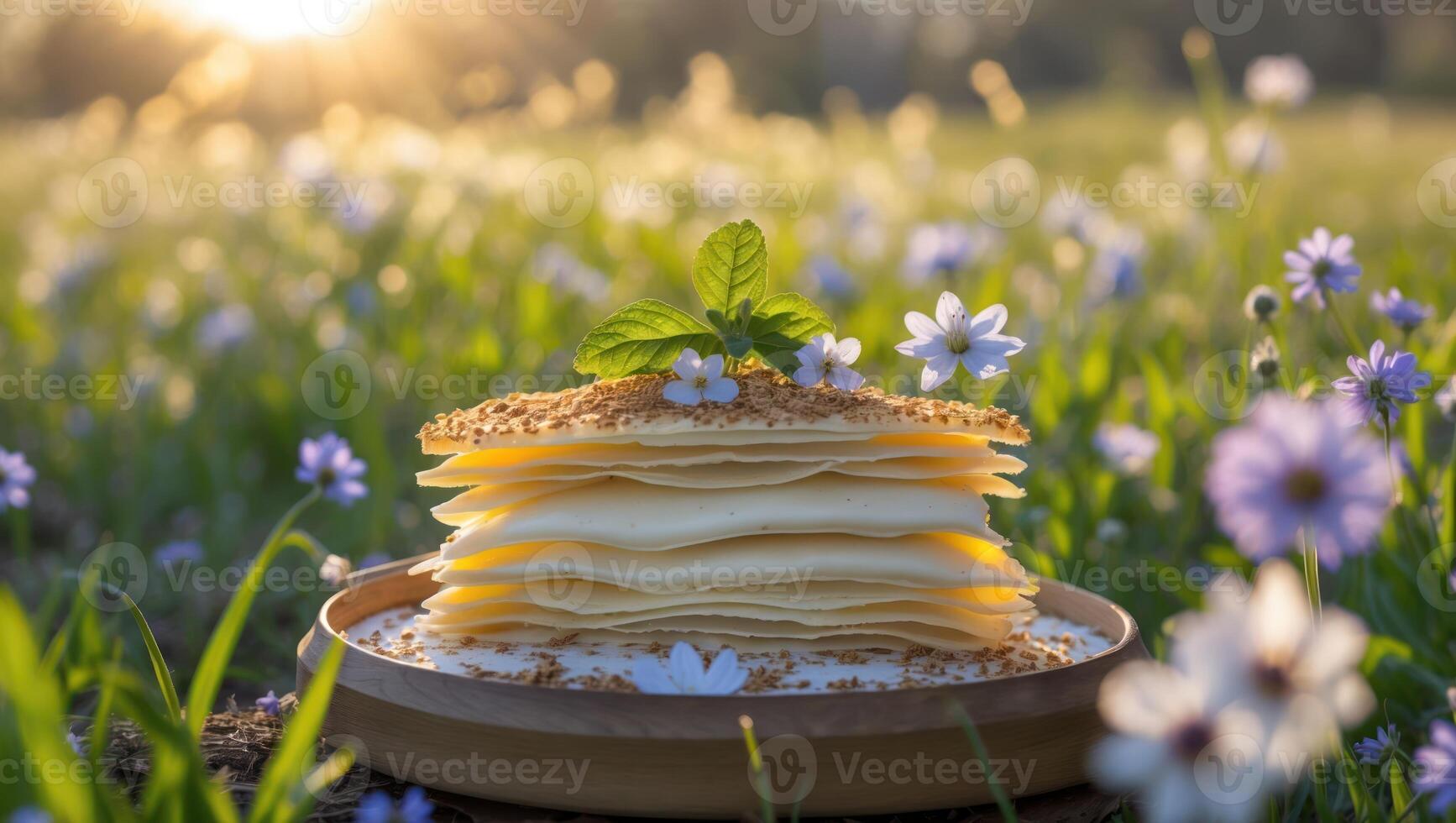 Stack of Crepes with Flowers on Wooden Plate in Meadow photo