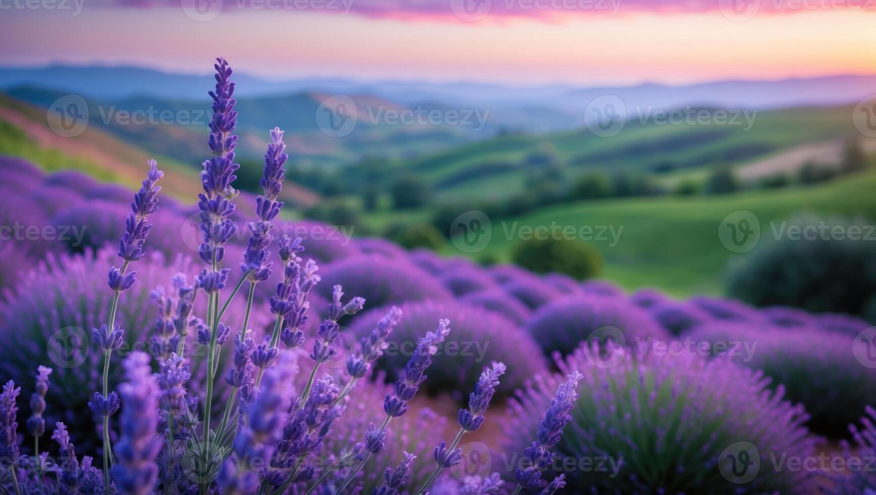 Lavender Field Blooming on Rolling Hills at Sunset with Vibrant Sky photo