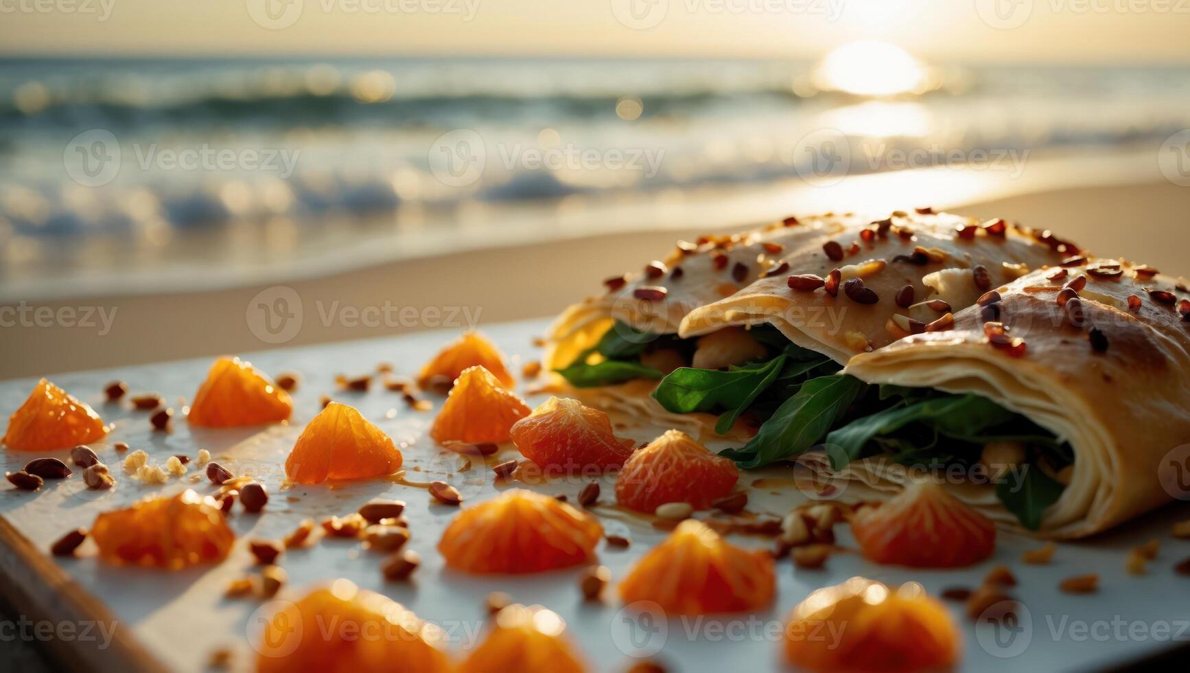 Crepes with Mandarin Slices on Beach During Sunset in Summer photo
