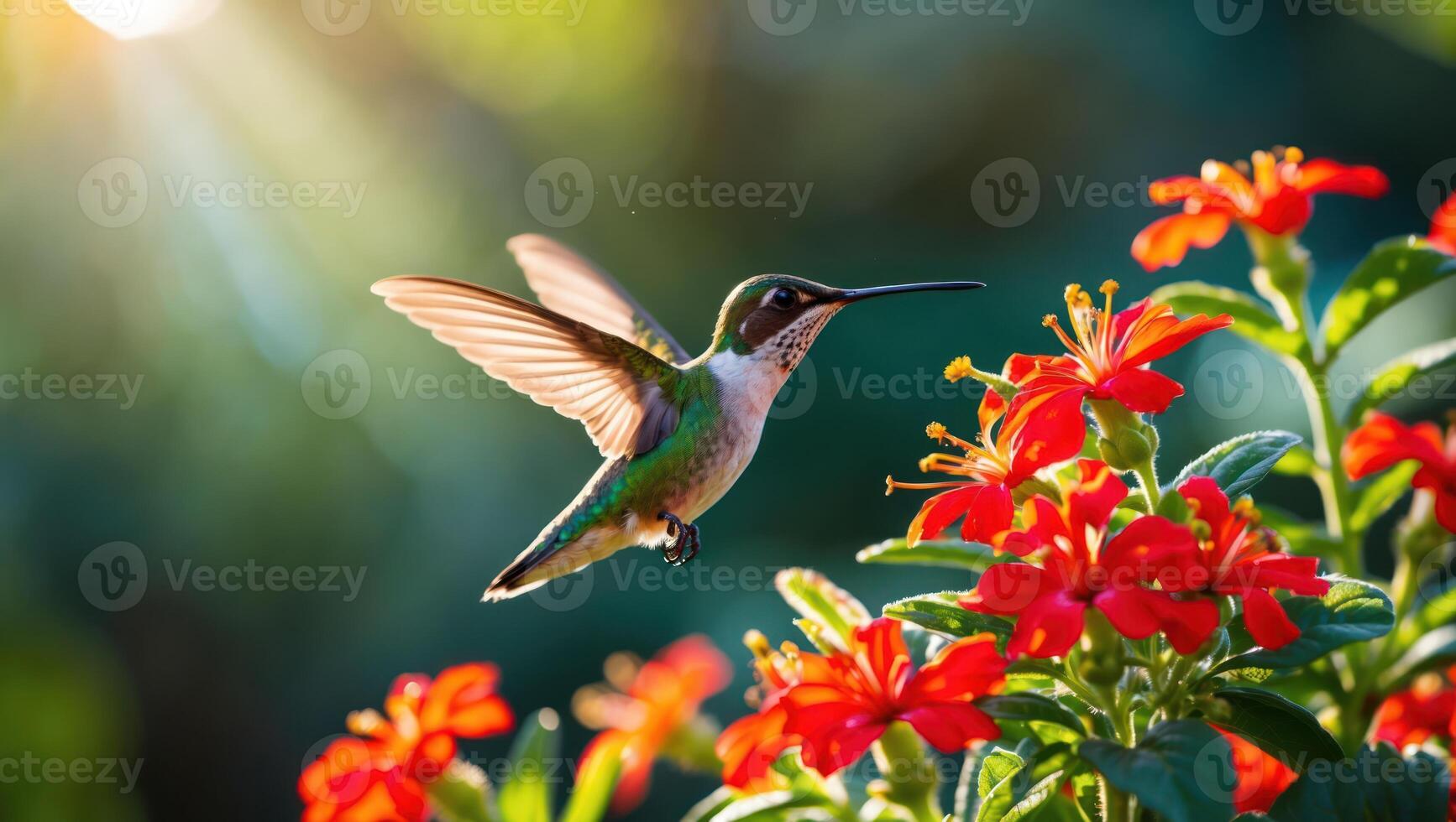 Hummingbird Flying Near Red Flowers on Bright Sunny Day Nature photo