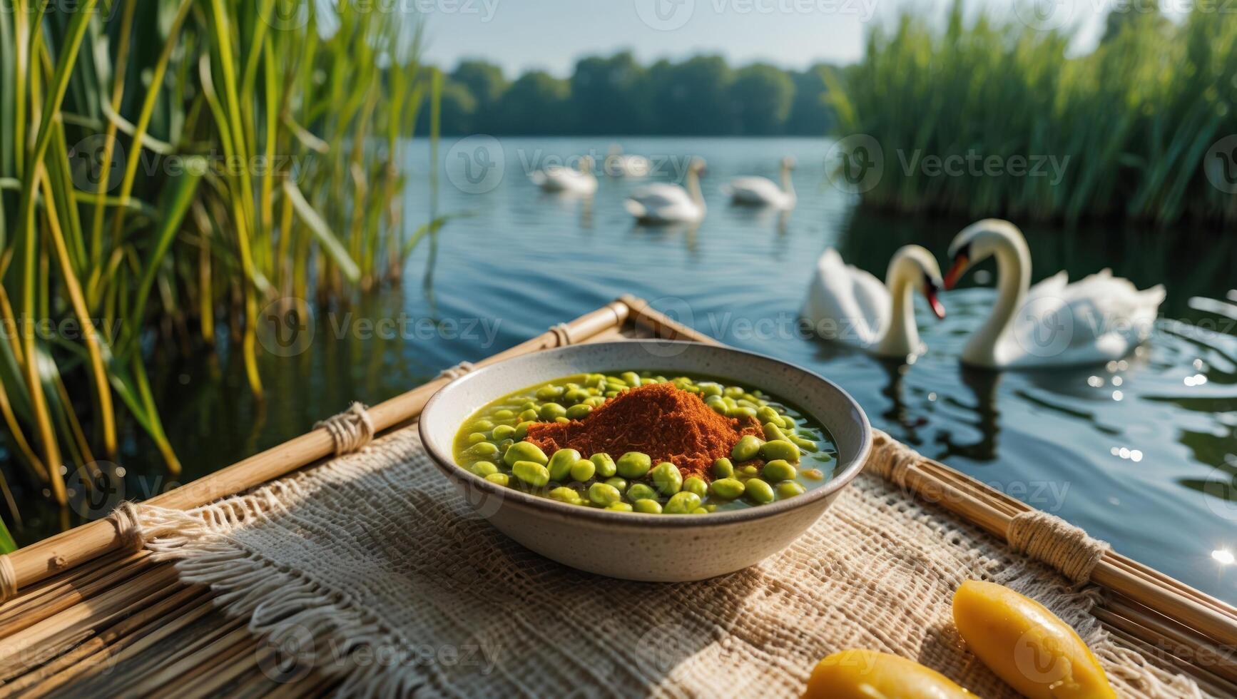Serving Bean Soup Outdoors with Swans and a Peaceful Lake View photo