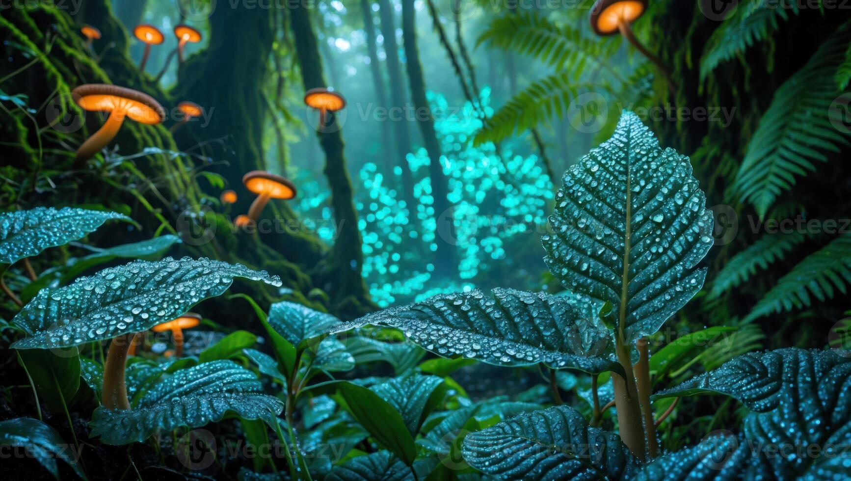 Glowing Mushrooms and Dew Covered Leaves in a Mystical Forest photo