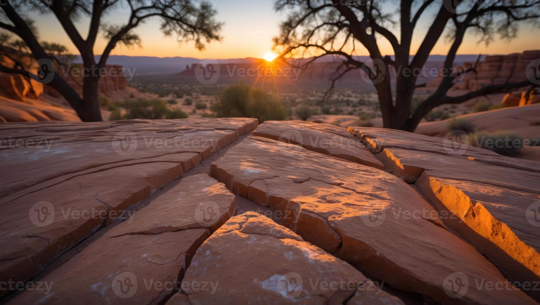 Desert Rock Formation at Sunset with Trees and Mountain Scenery photo