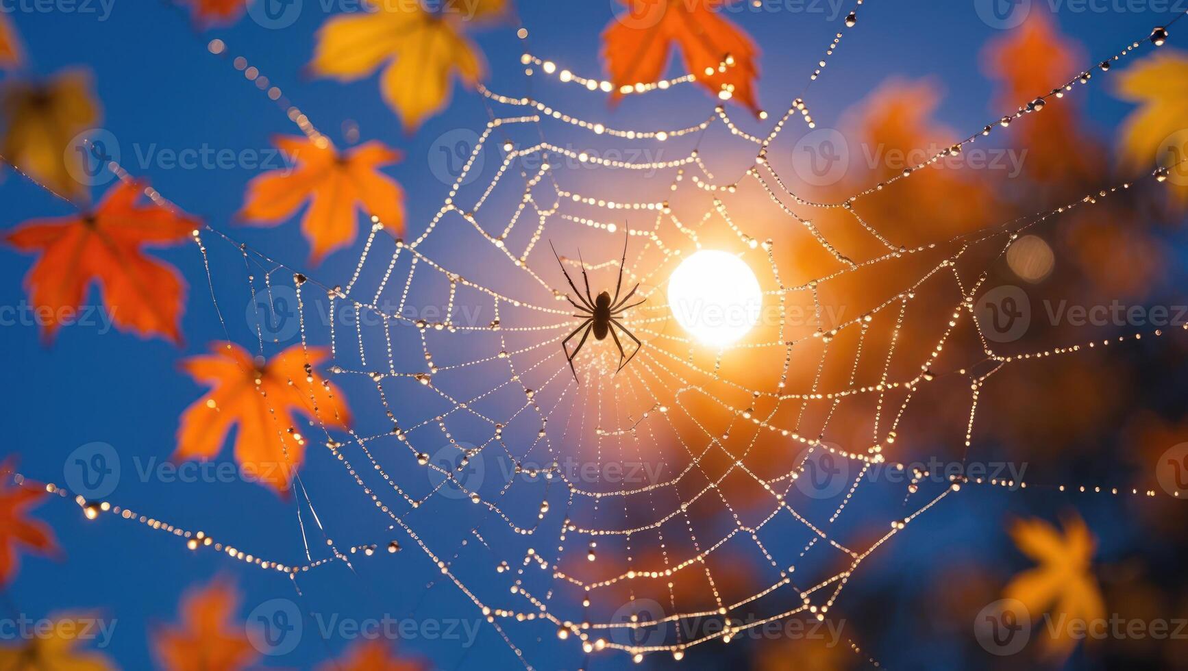 Spider on Web with Dewdrops and Autumn Leaves Against Blue Sky photo