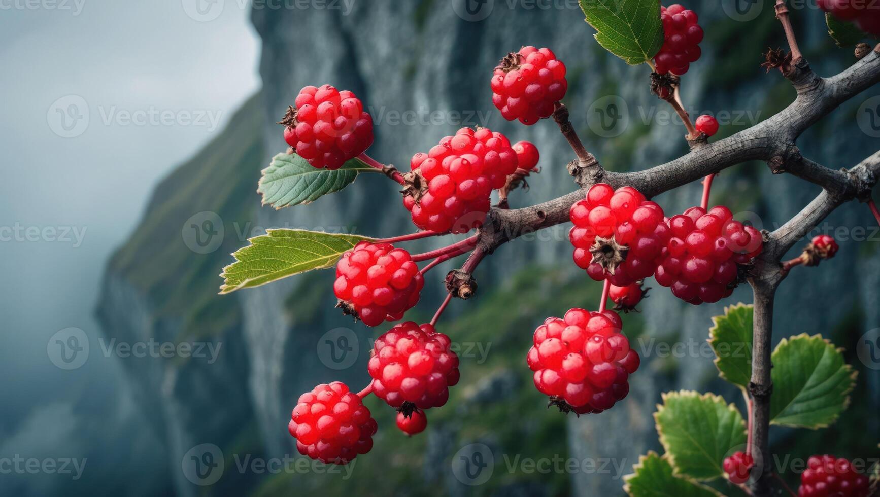 Red Berries on Branch with Mountain Backdrop Scenic Wilderness View photo