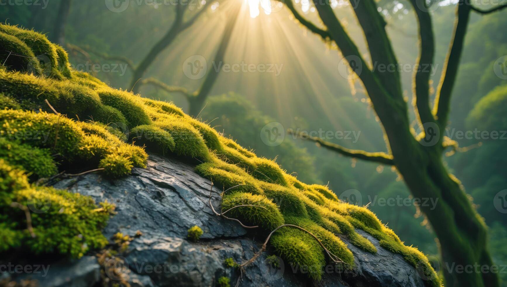 Moss Growing on Rock with Sunlight Filtering Through Forest Trees photo