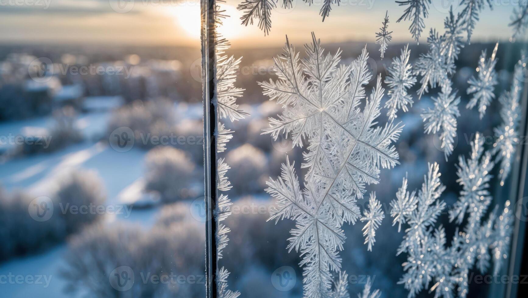 Frost Forming on Window Pane Overlooking a Snowy Winter Landscape photo