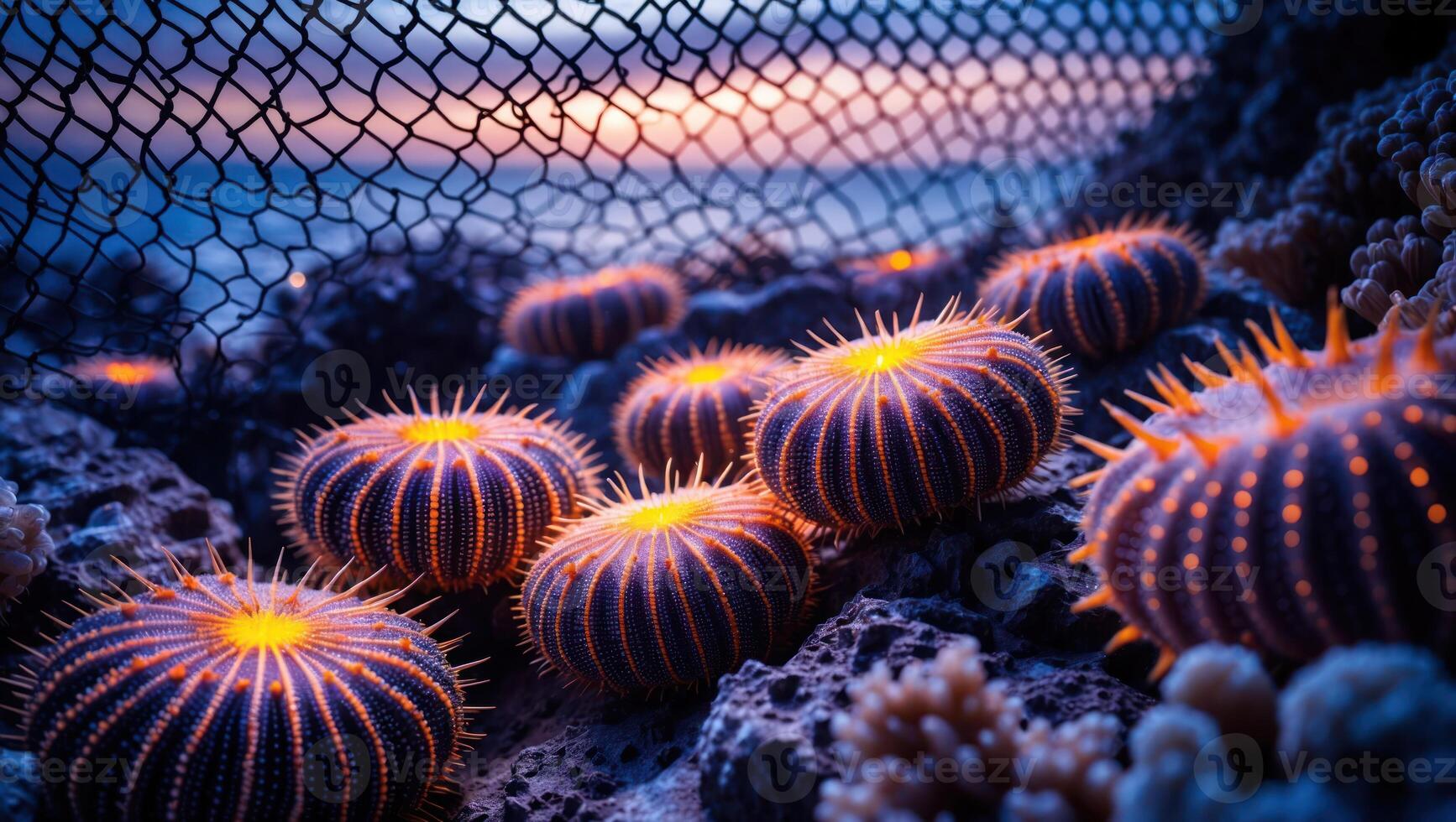 Glowing Sea Urchins on Ocean Floor with Net and Horizon photo