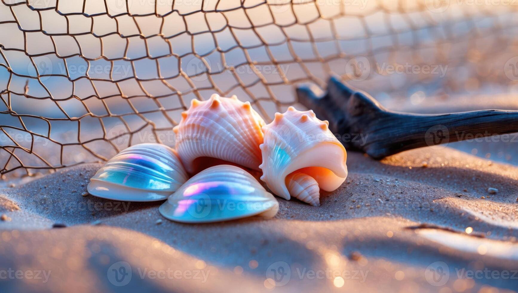 Seashells on Sandy Beach with Fishing Net in Warm Evening Light photo