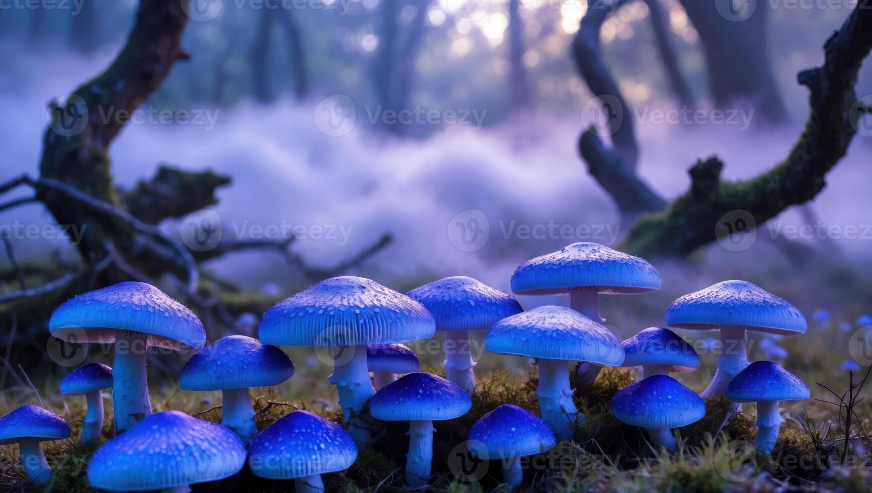 Blue Mushroom Cluster in Foggy Forest Scene with Mossy Ground photo