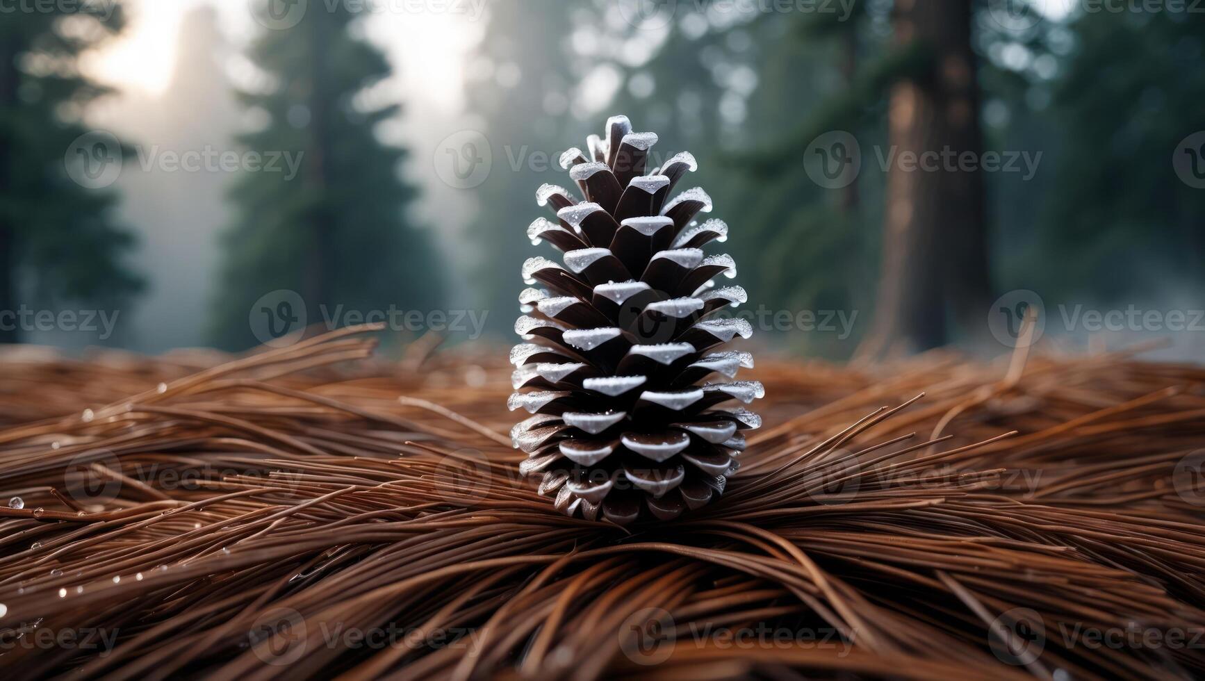 Pine Cone Still Life on Needles with Forest Background photo