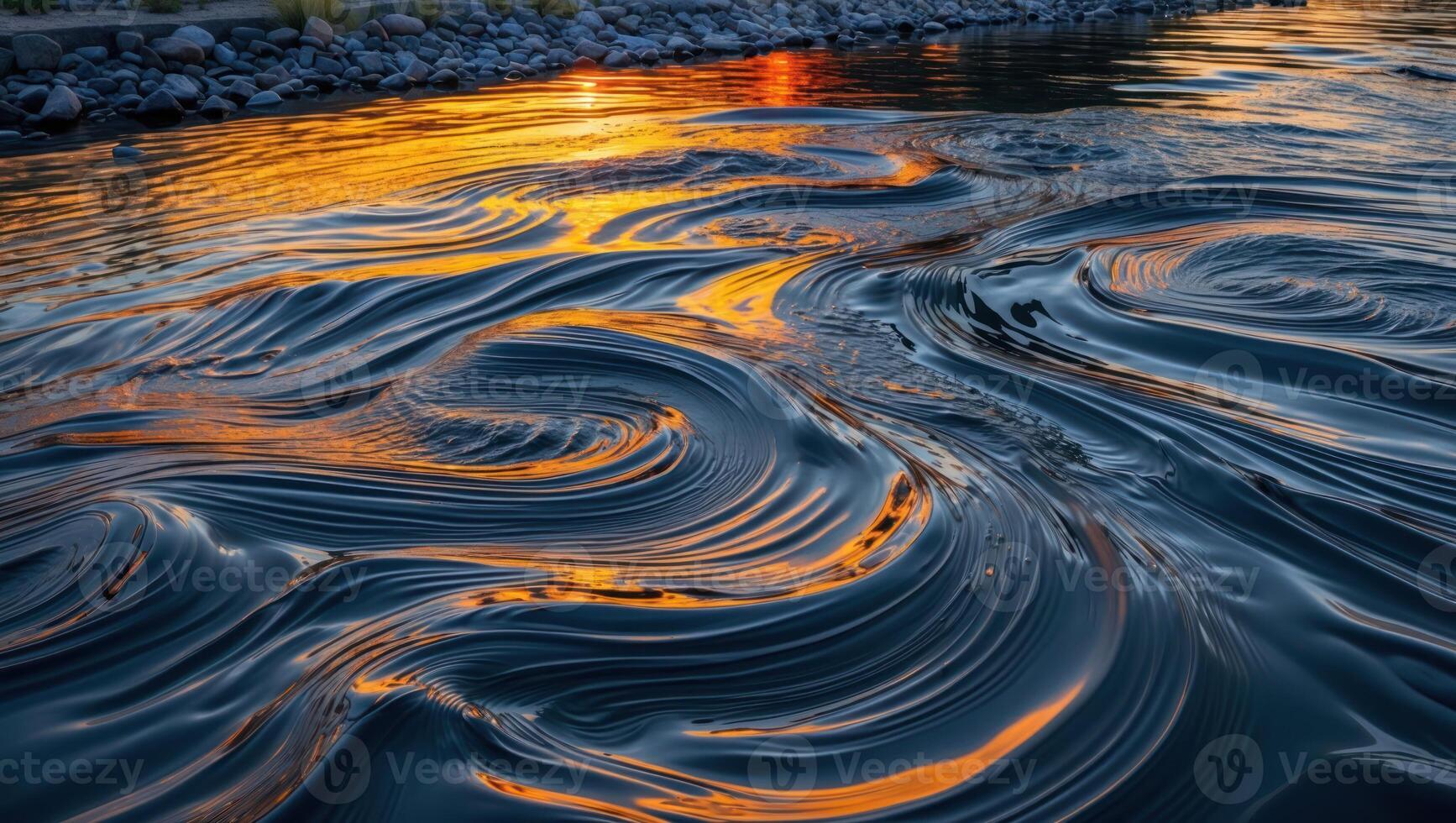 Water Flowing with Reflections of Setting Sun in Stream photo