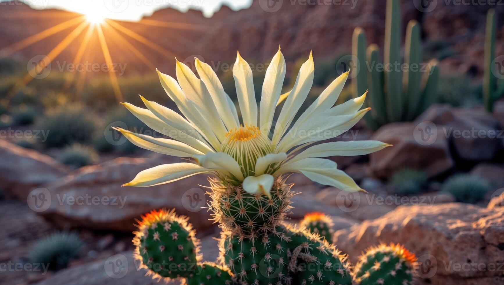Blooming Cactus Flower at Sunrise in Desert Landscape Environment photo