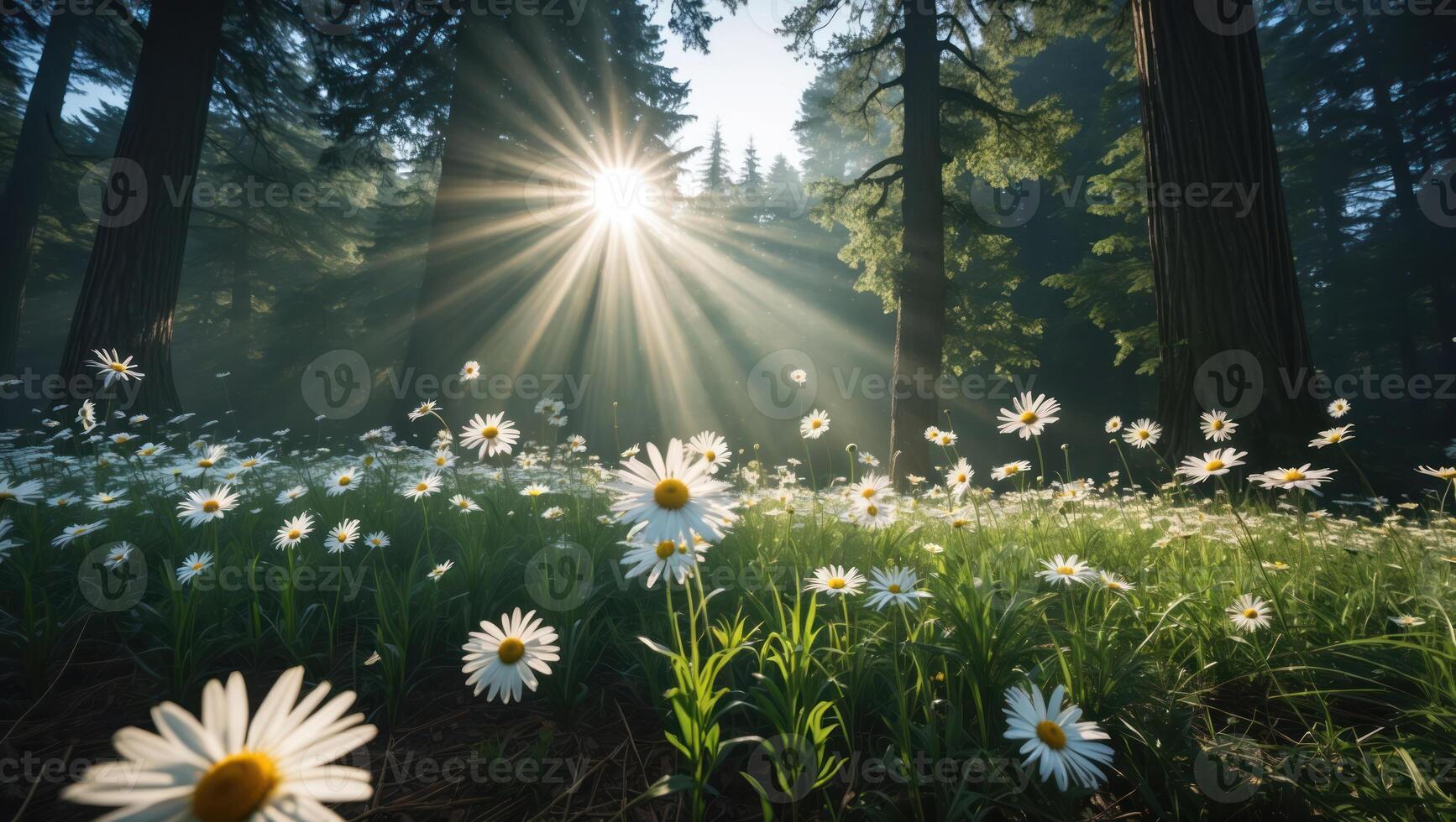 Daisies Blooming in Forest Meadow with Sun Rays Shining Through Trees photo