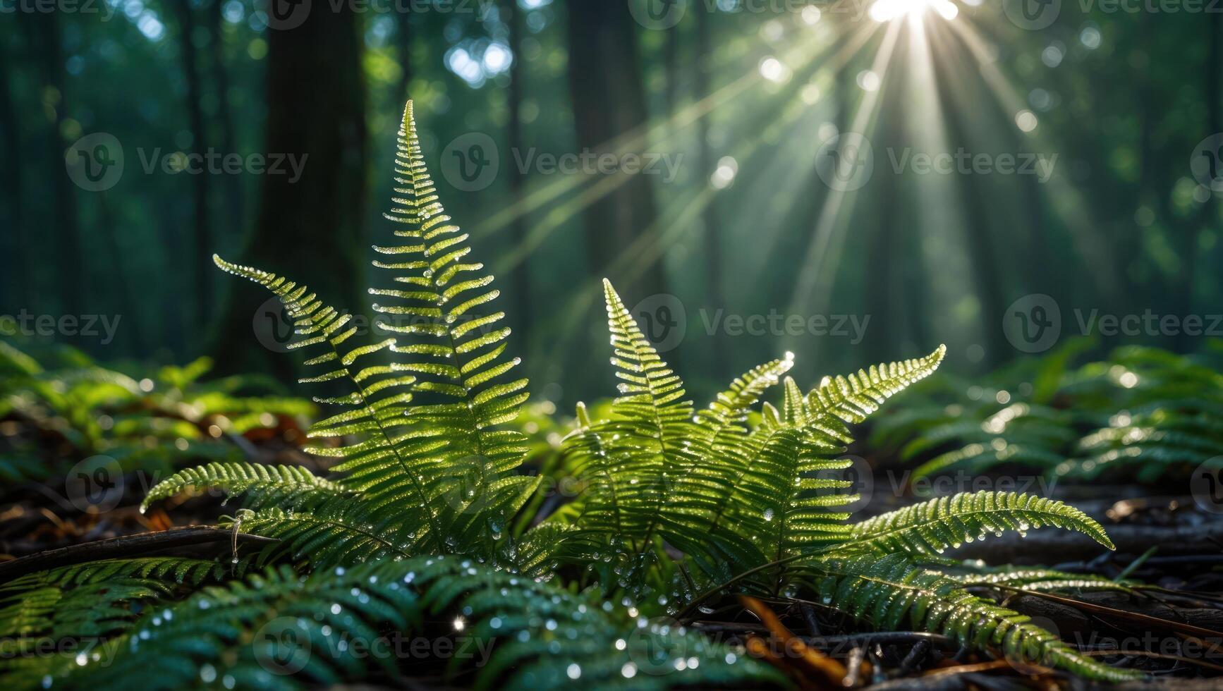 Fern Growing in Forest with Sunlight Streaming Through the Trees photo