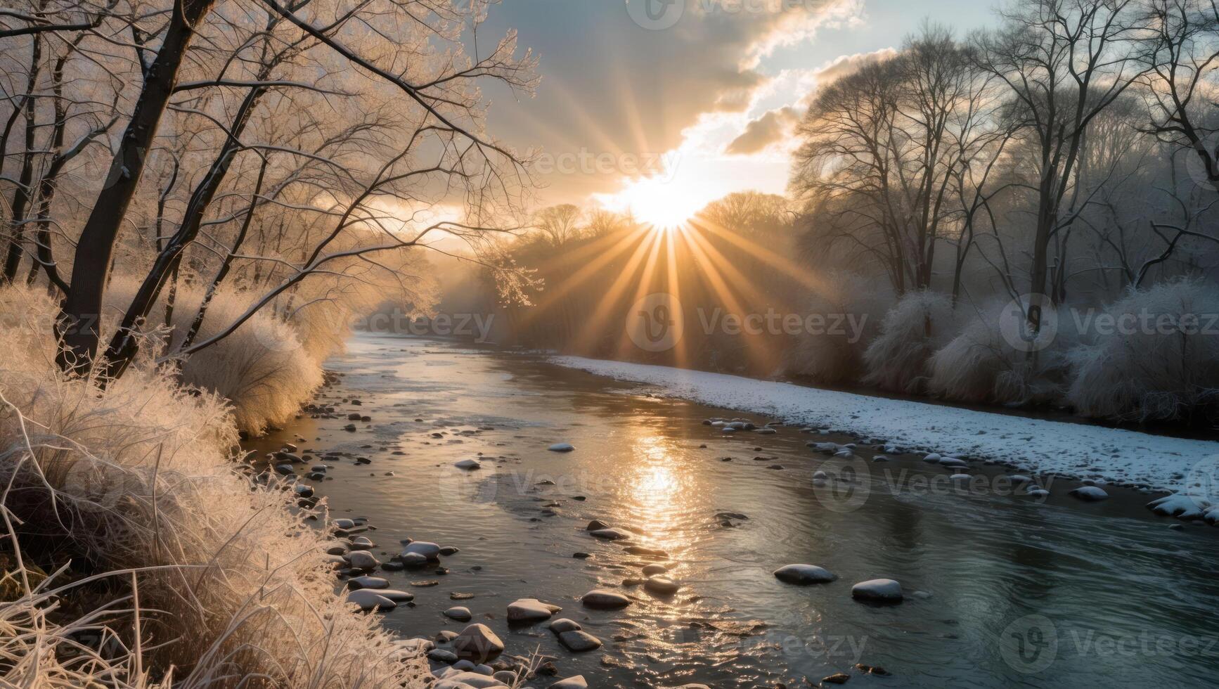 Winter River Scene with Sun Rays Shining Through Bare Trees photo