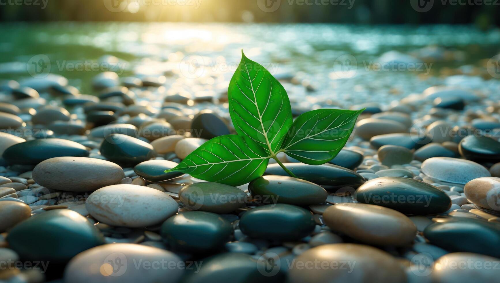 Green Leaf Growing Among Smooth Stones by River on a Sunny Day photo
