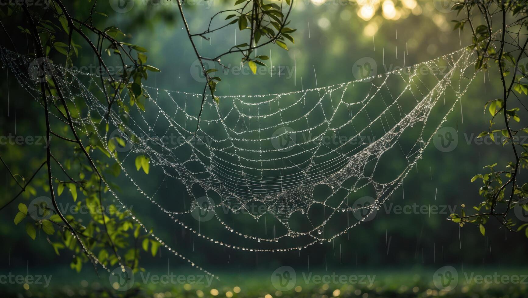 Spiderweb Covered in Raindrops Hanging Between Tree Branches in Forest photo