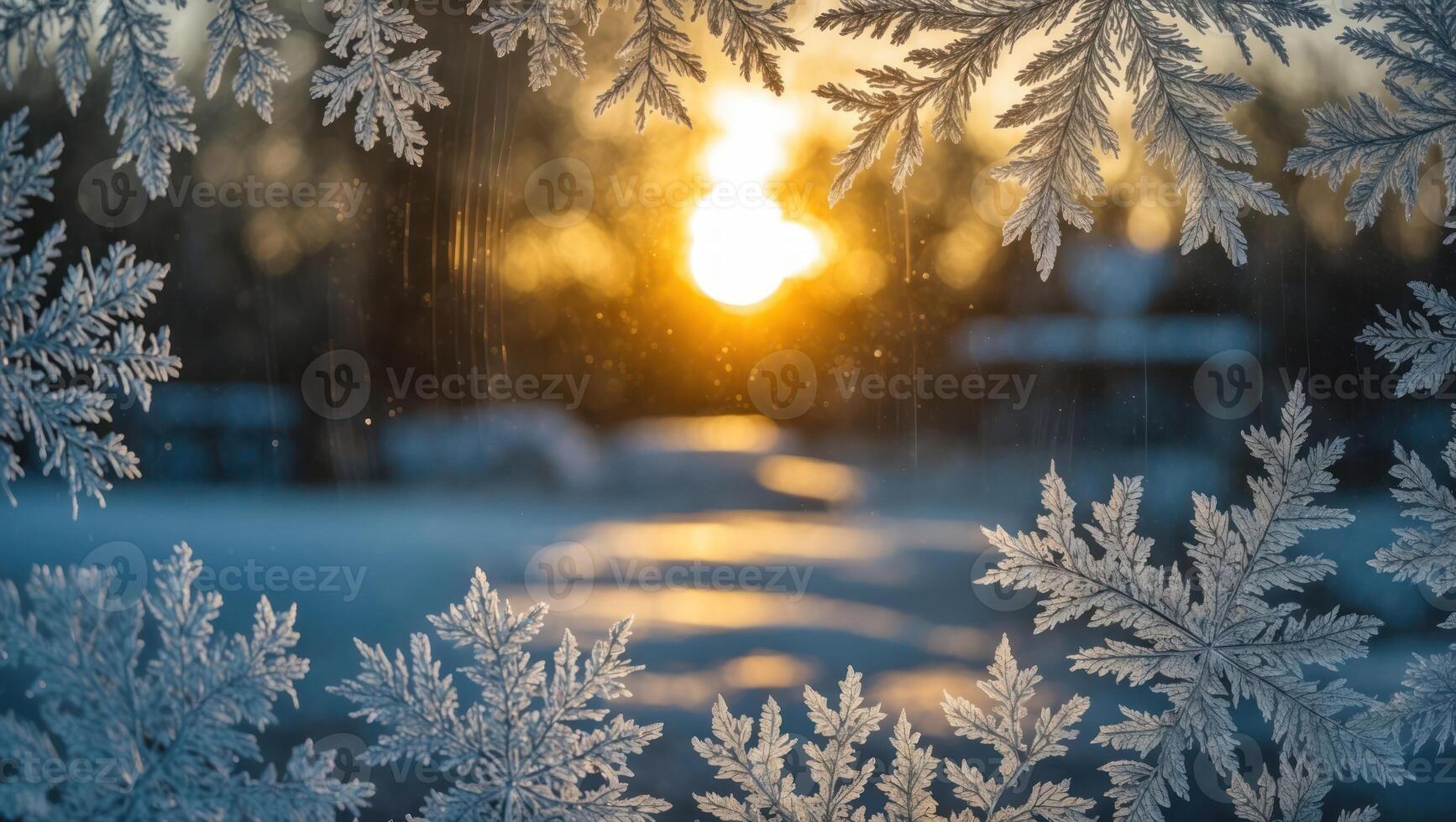 Winter Window with Frost Forming Delicate Patterns at Sunset photo