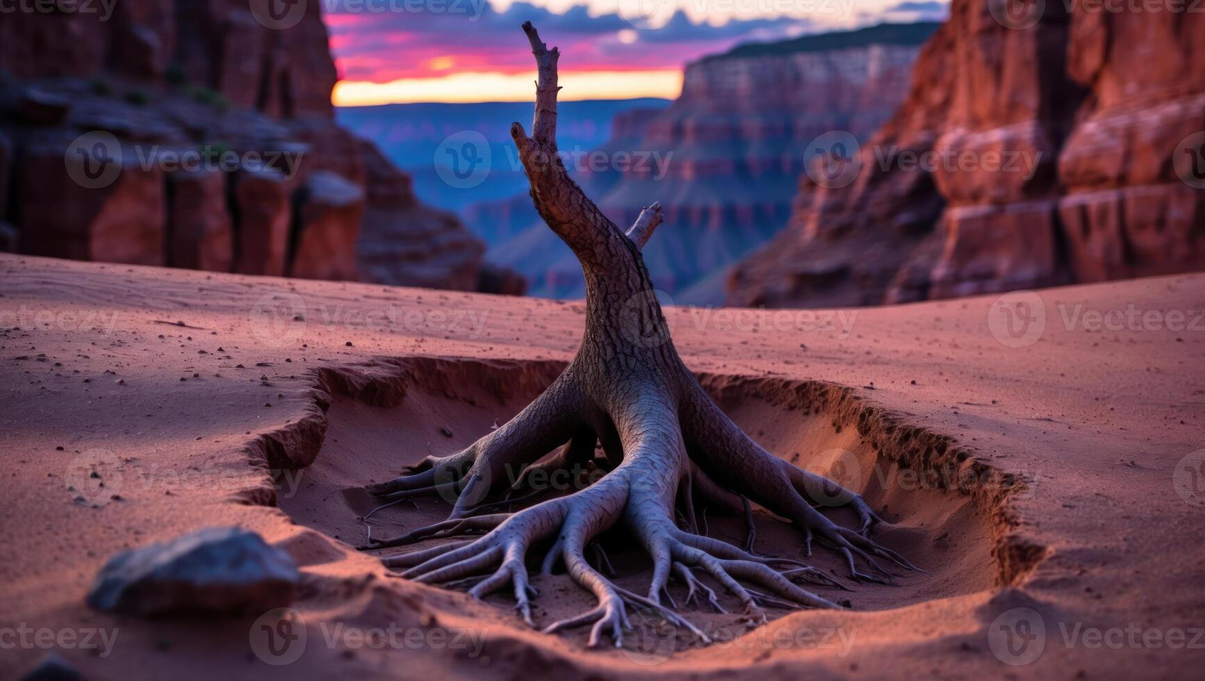 Exposed Tree Roots in Desert Sandscape During Dusk with Vibrant Sky photo