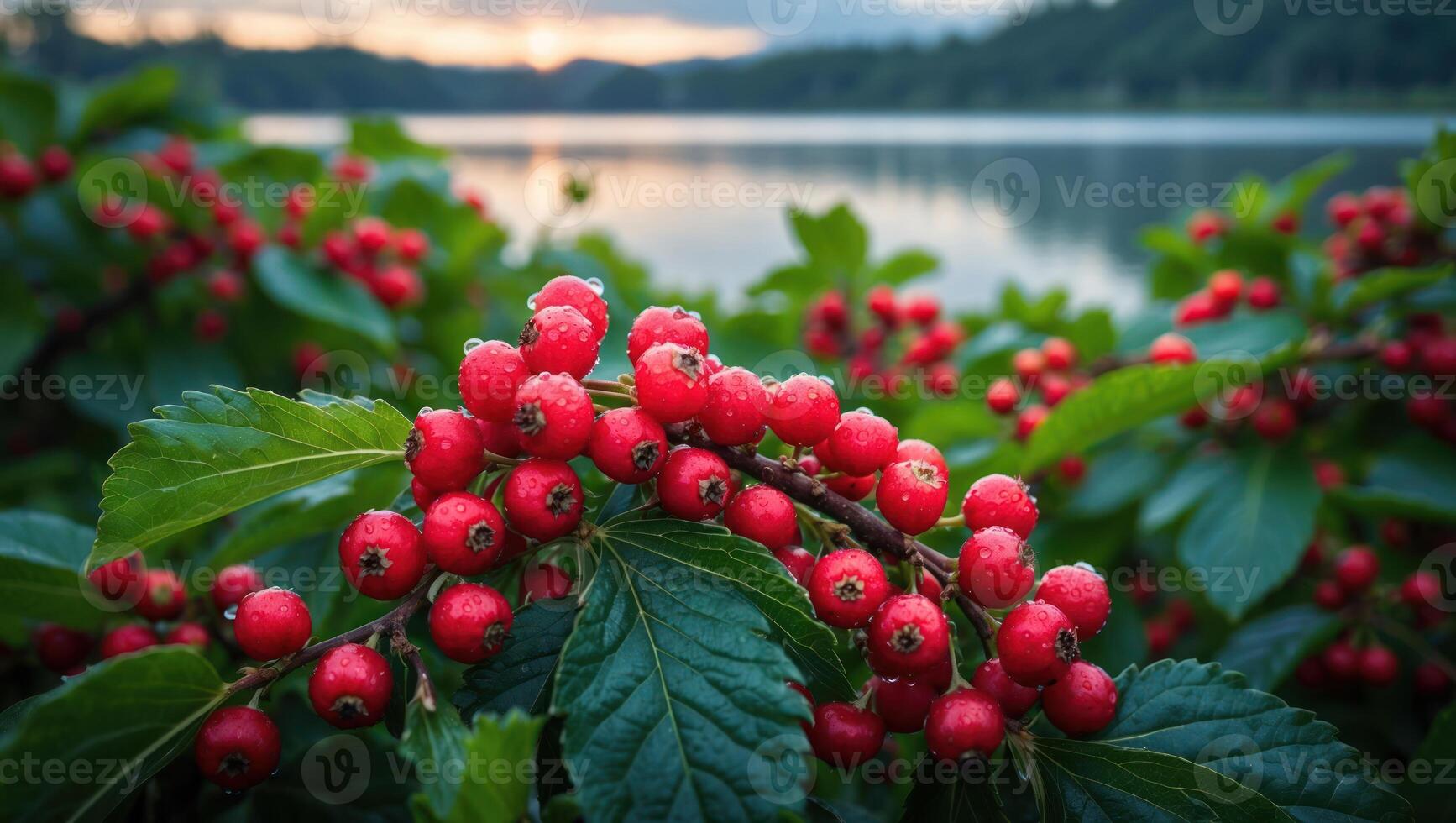 Red Berries with Dewdrops on a Branch Near Calm Lake photo