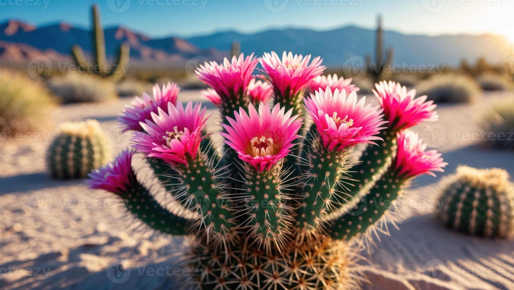 Blooming Cactus with Pink Flowers in Desert Landscape at Sunrise photo