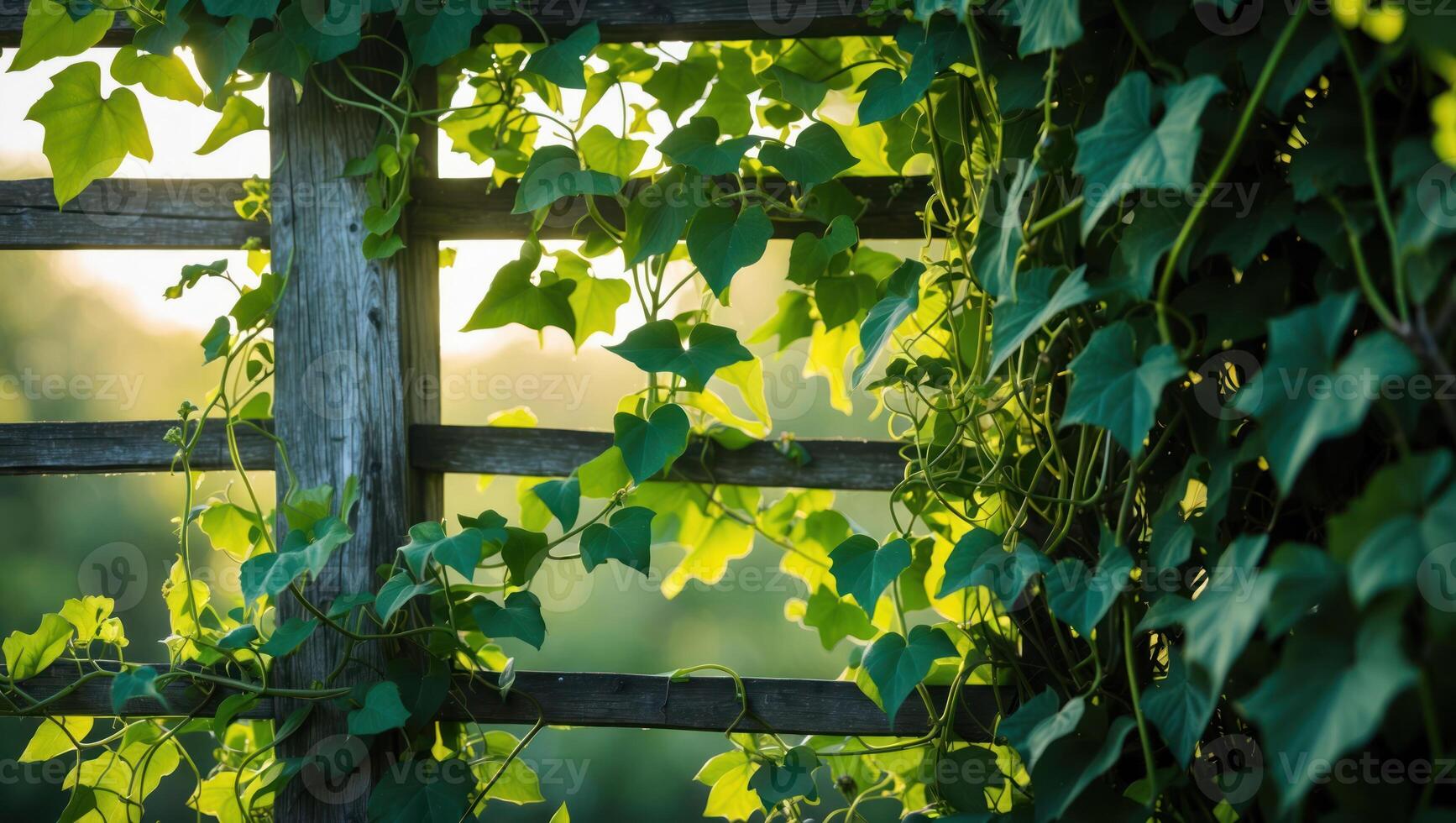 Vine Growing on Wooden Fence with Sunlight Streaming Through Leaves photo