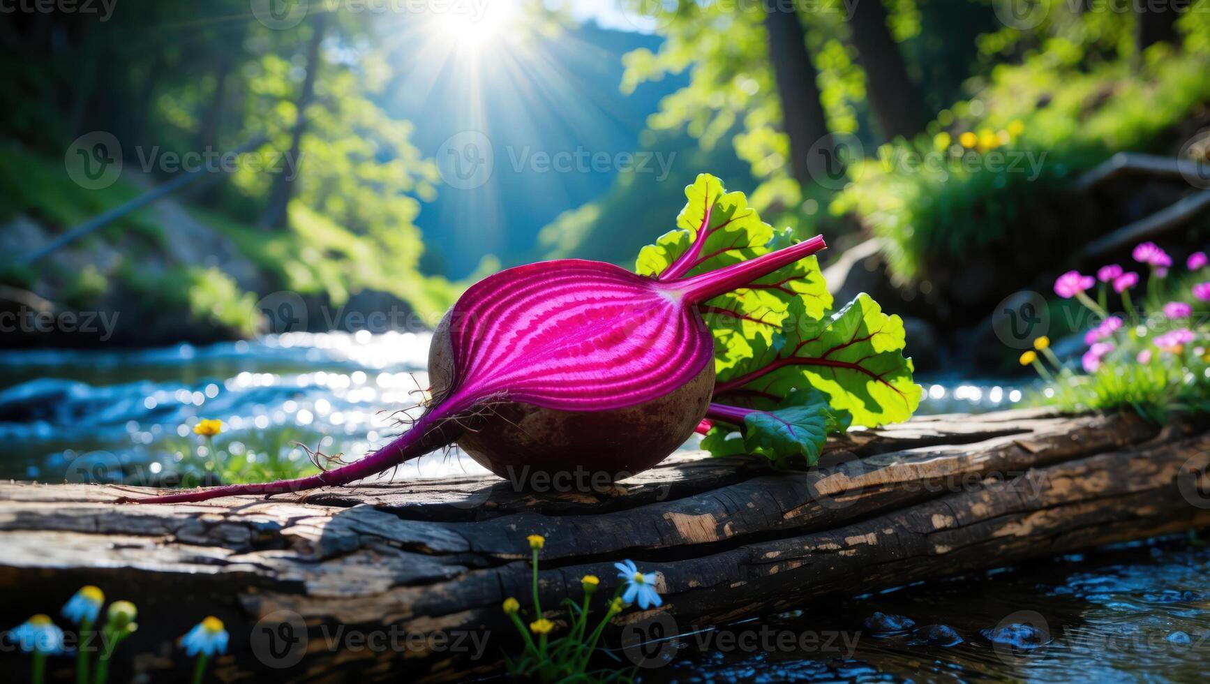 Halved Beetroot with Greens on Log by River with Sunrays photo