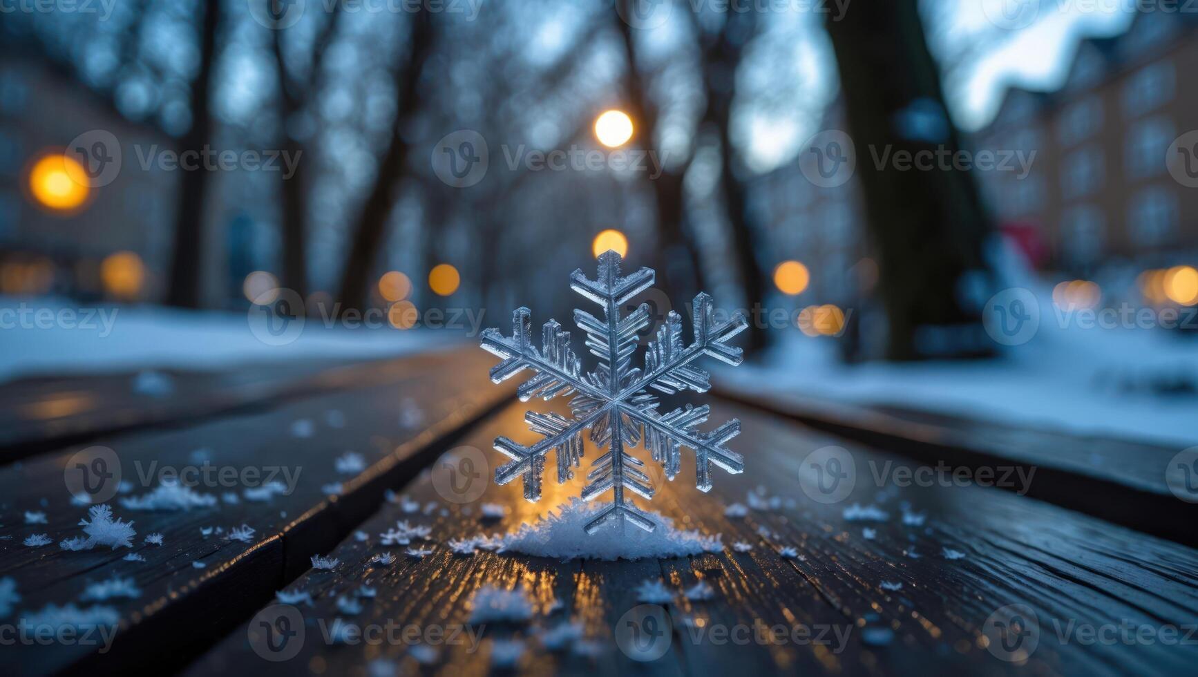 Delicate Snowflake Resting on Wooden Bench in Winter Urban Setting photo