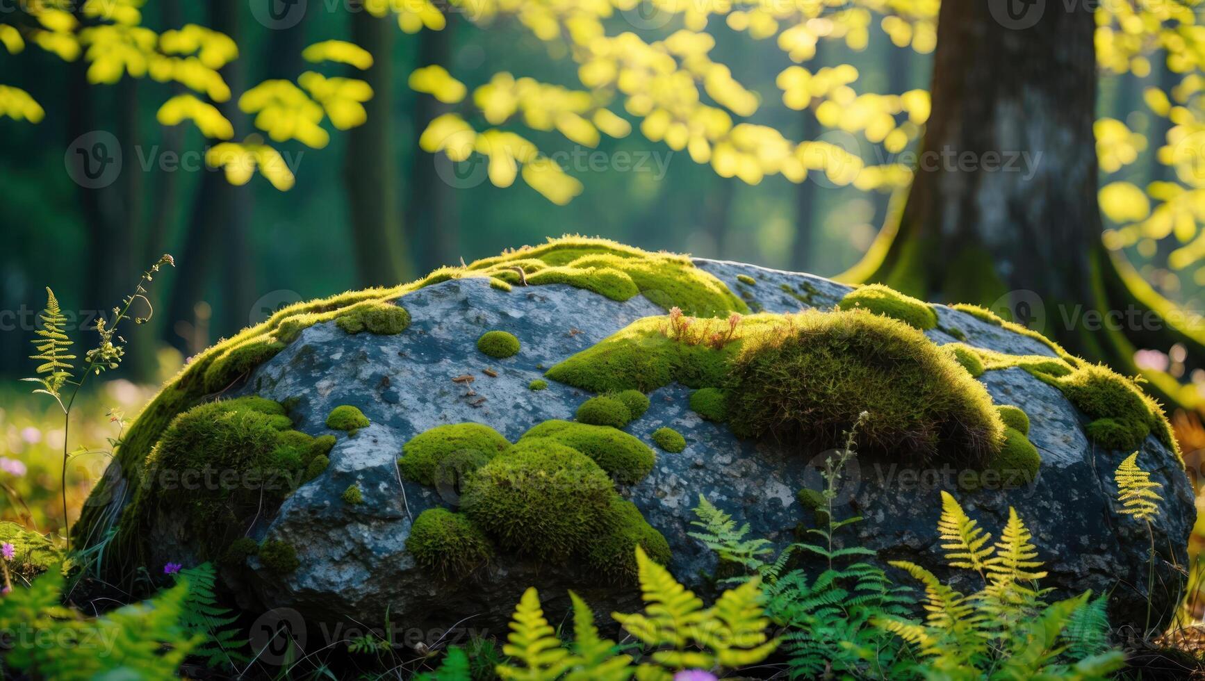 Moss Covered Rock in Forest Sunlight with Ferns and Greenery photo