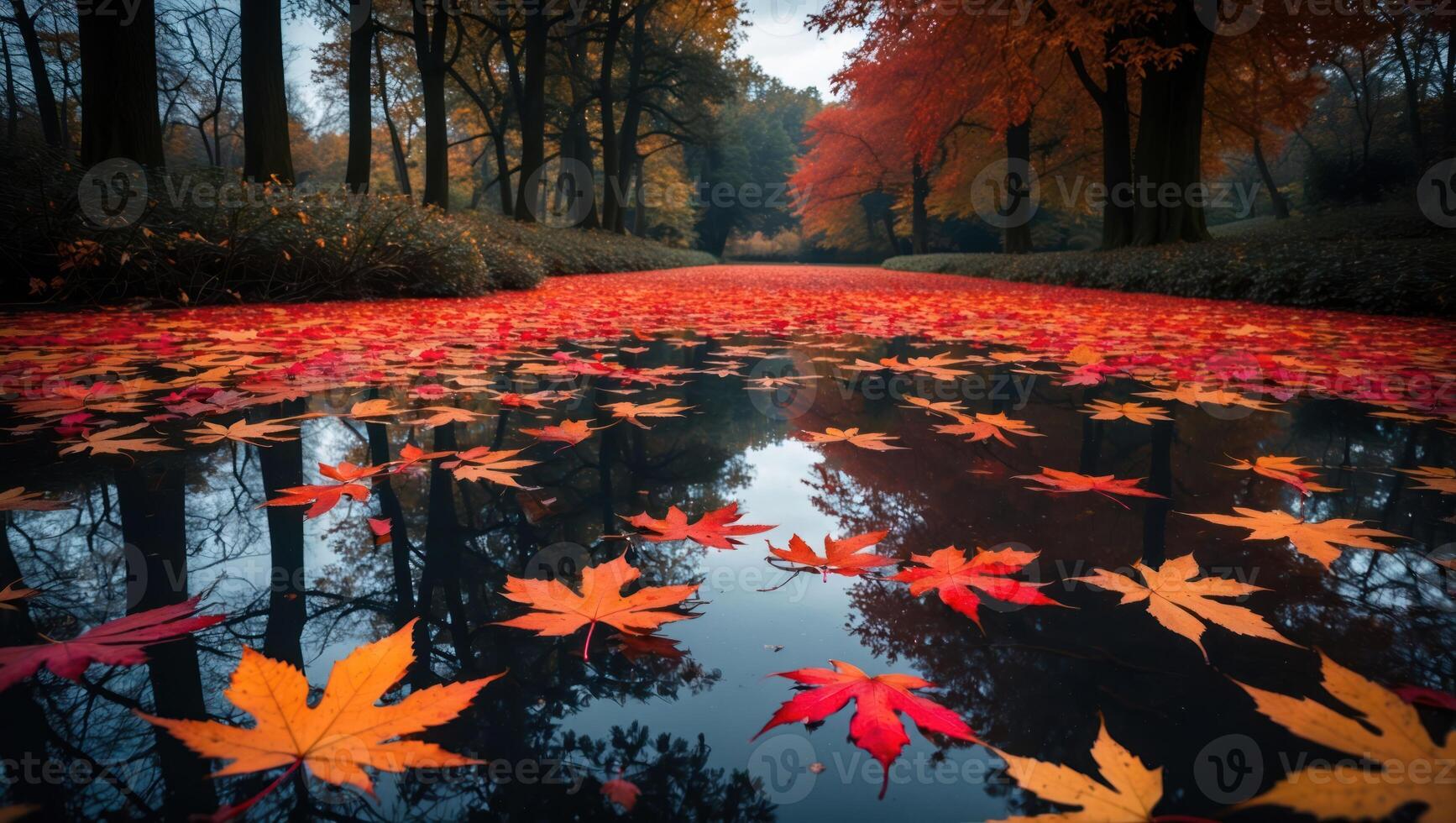 Floating Maple Leaves Reflecting Fall Colors in a Tranquil Pond photo