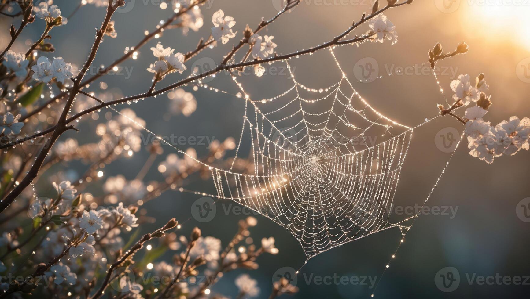 Spiderweb with Dew Drops Hanging on Blossoming Tree Branches photo