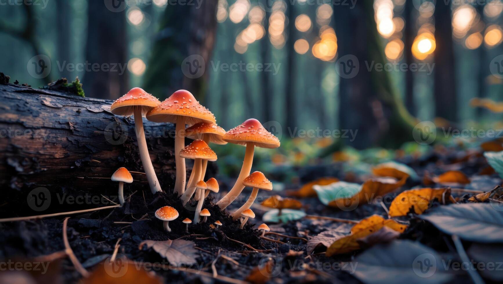 Mushrooms Growing on Forest Floor with Autumn Leaves and Sunlight photo