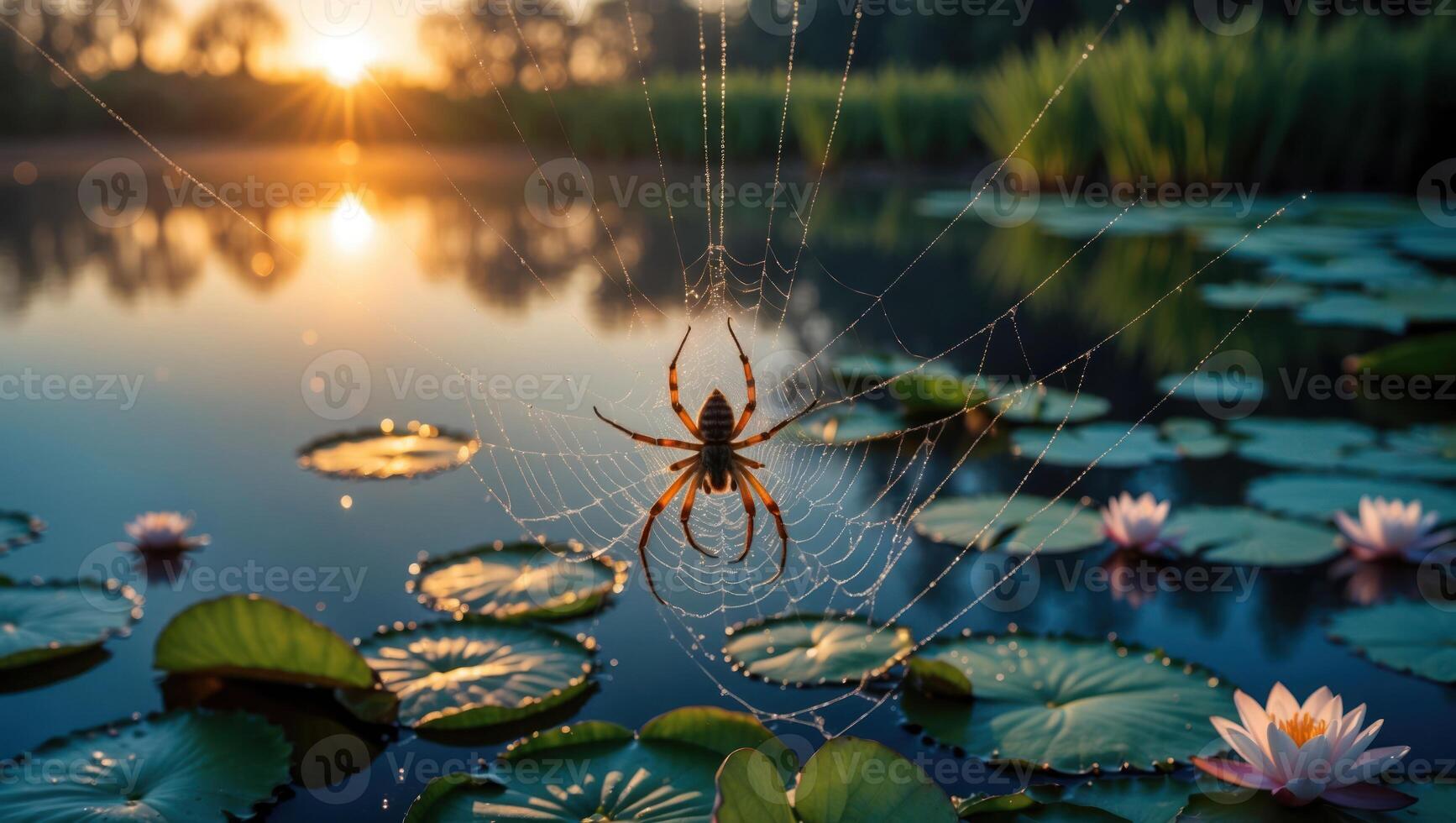 Spider Weaving Web Over Pond with Lily Pads During Sunset photo