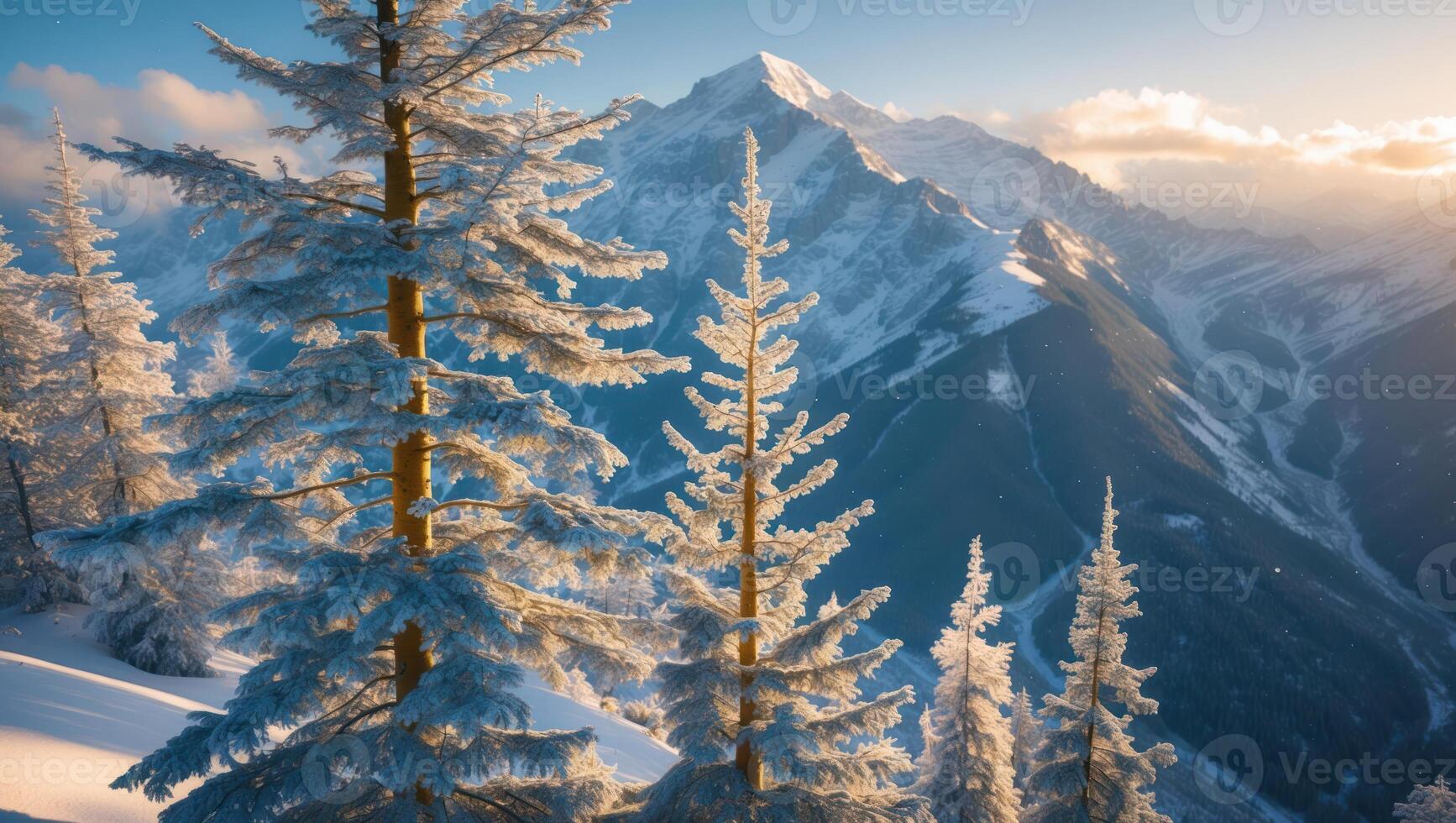 Snow Covered Trees and Distant Mountains in Winter Landscape Scenery photo