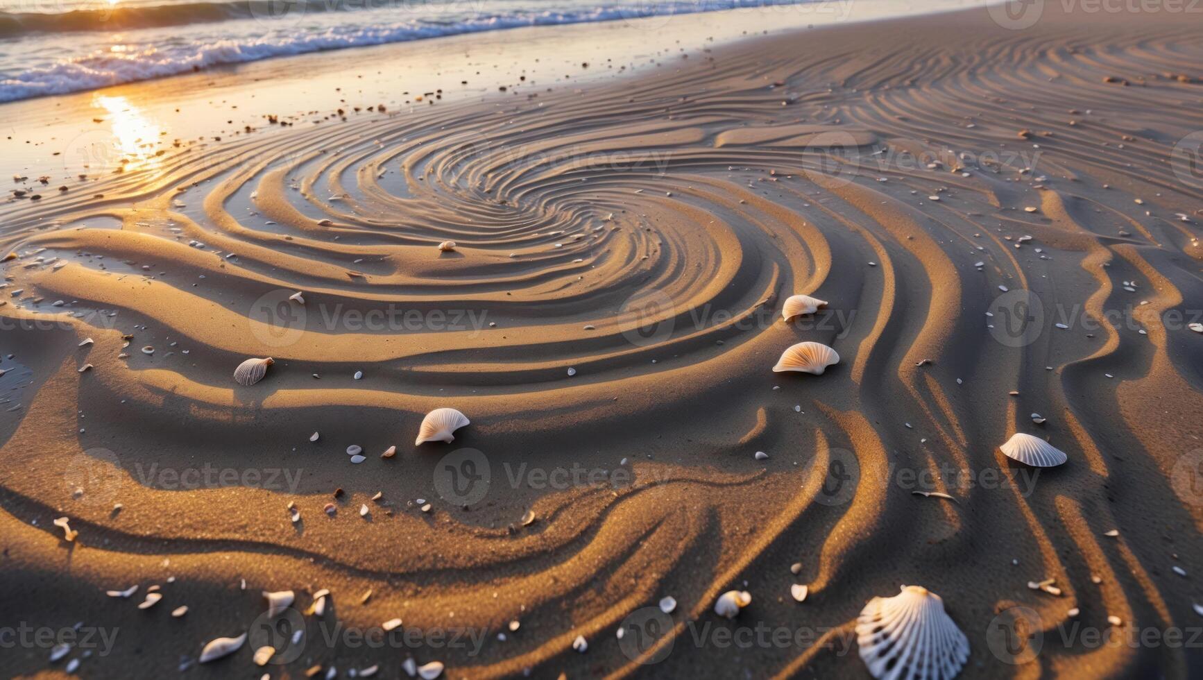 Seashells on Wet Sand at Sunset with Circular Patterns photo