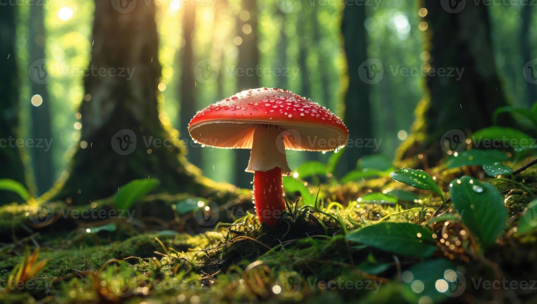 Mushroom Growing in Forest with Sunlight Filtering Through Trees photo